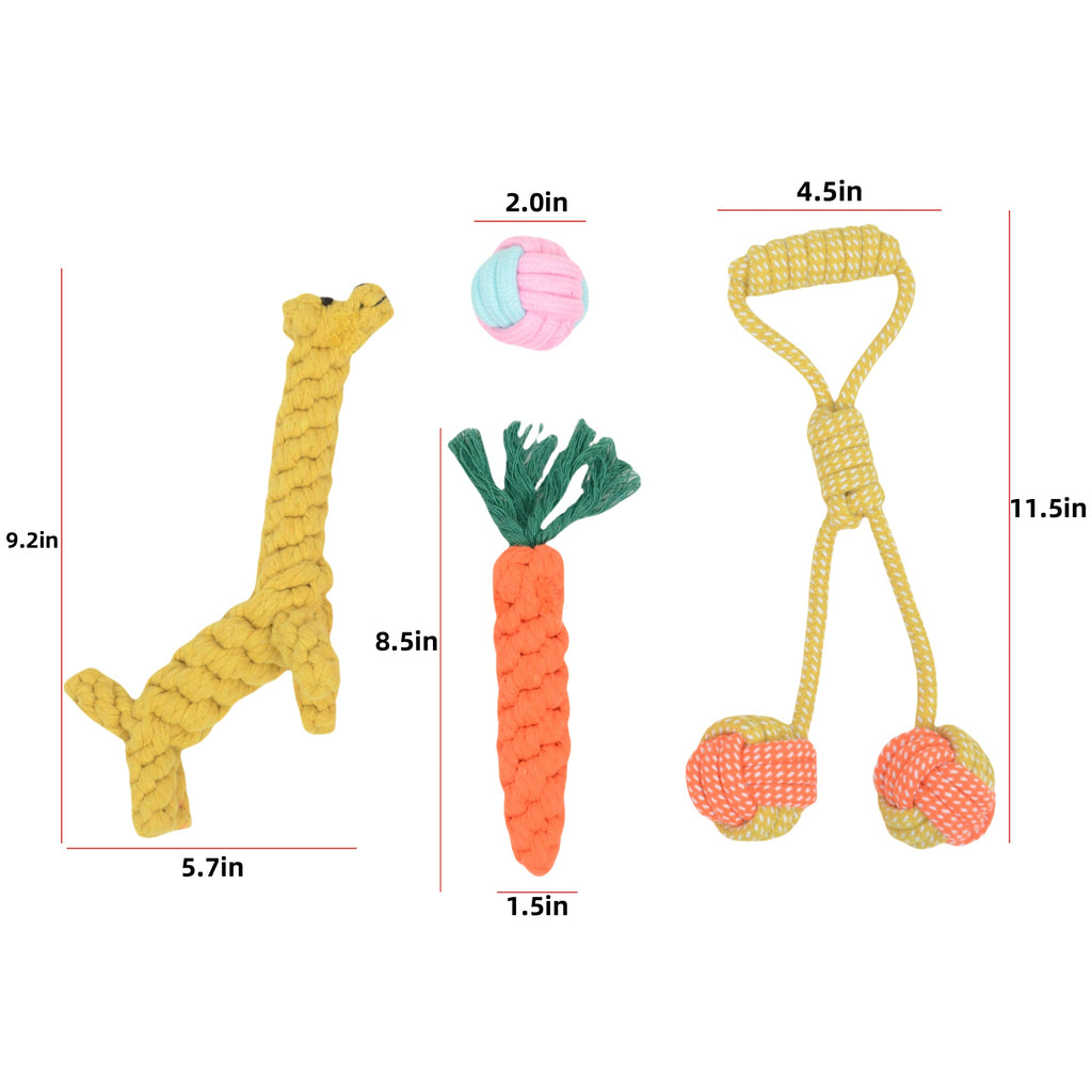 Dog Rope Toy Set Four Durable Chew Toys with Giraffe Carrot and Ball Designs for Small to Medium Dogs, 4 Pack
