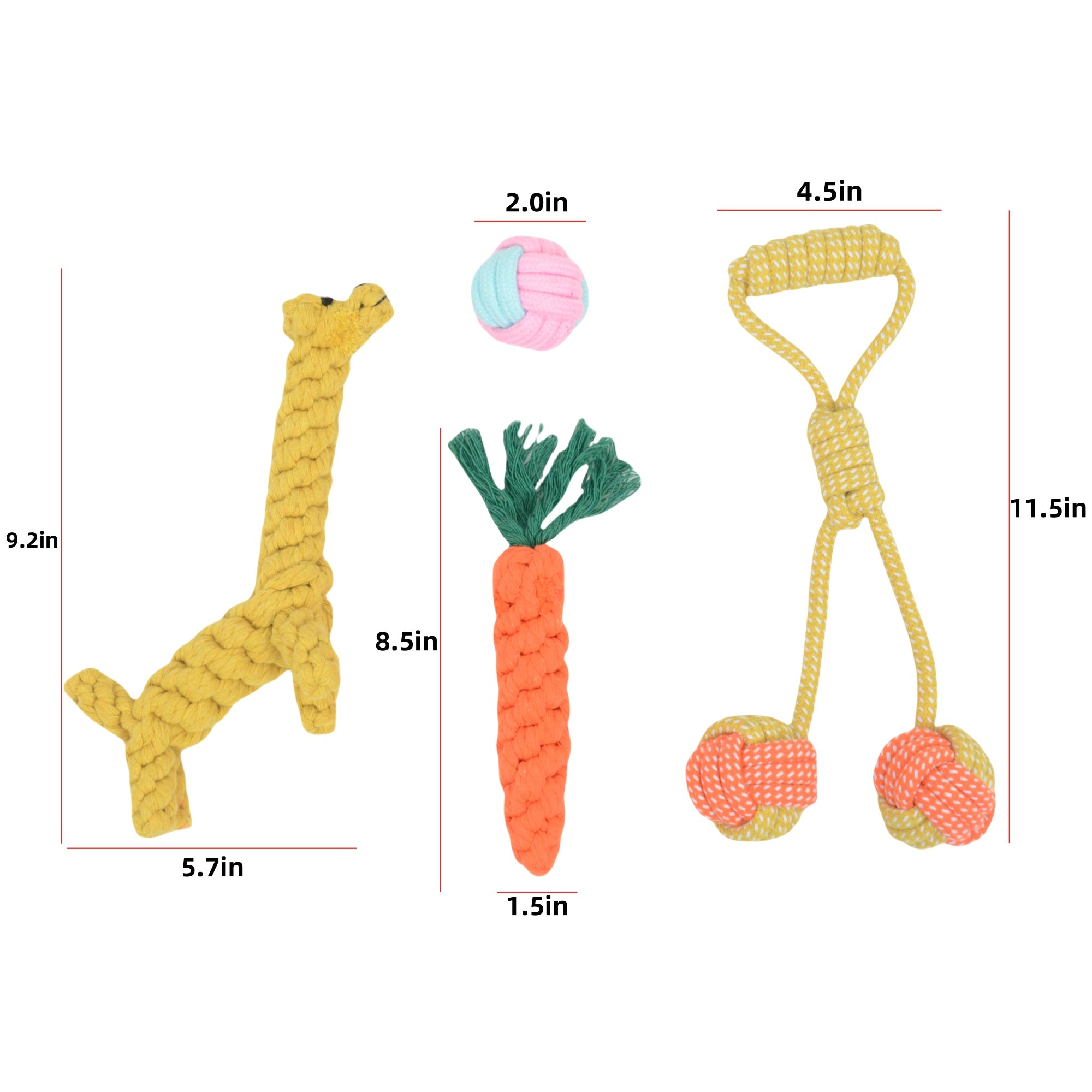 Dog Rope Toy Set Four Durable Chew Toys with Giraffe Carrot and Ball Designs for Small to Medium Dogs, 4 Pack