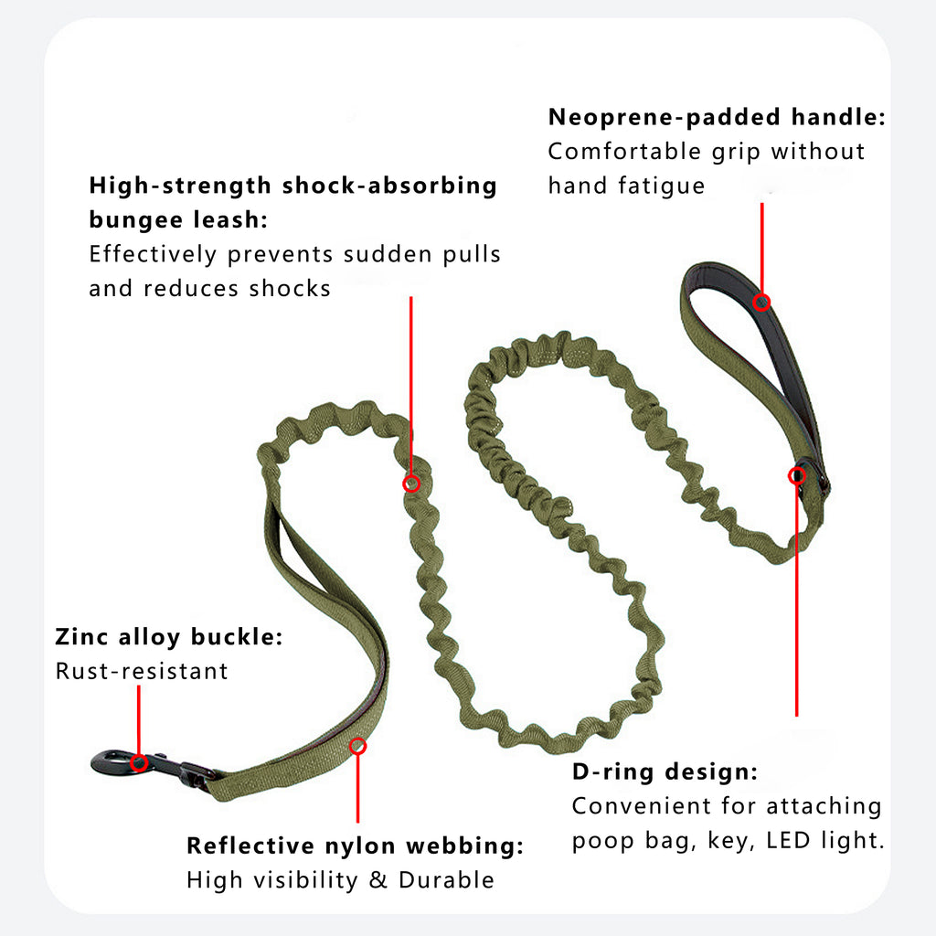 Anna-Kaci Dog Leash Reflective Comfort Dual Handle Elastic Pet Training Leash