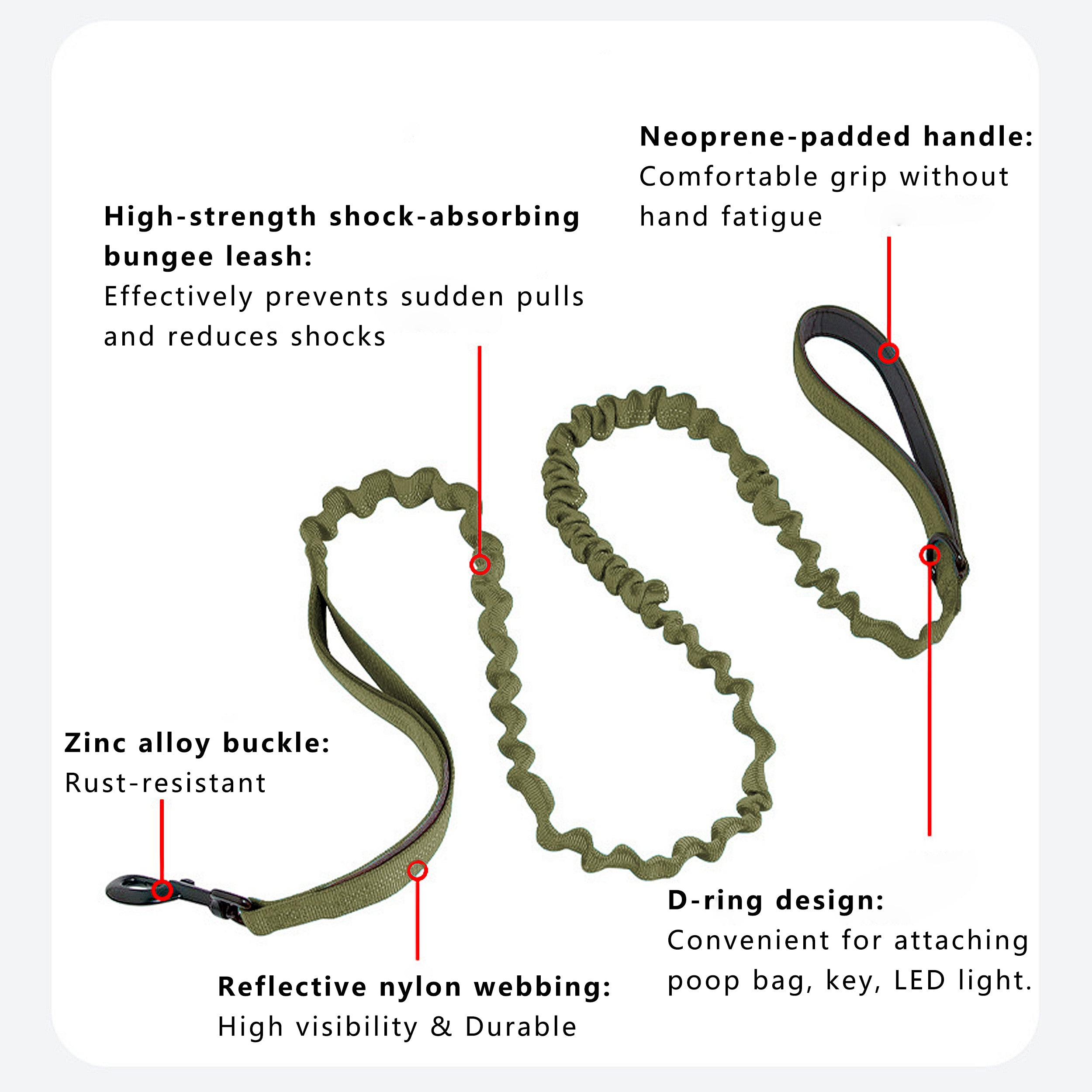 Anna-Kaci Dog Leash Reflective Comfort Dual Handle Elastic Pet Training Leash