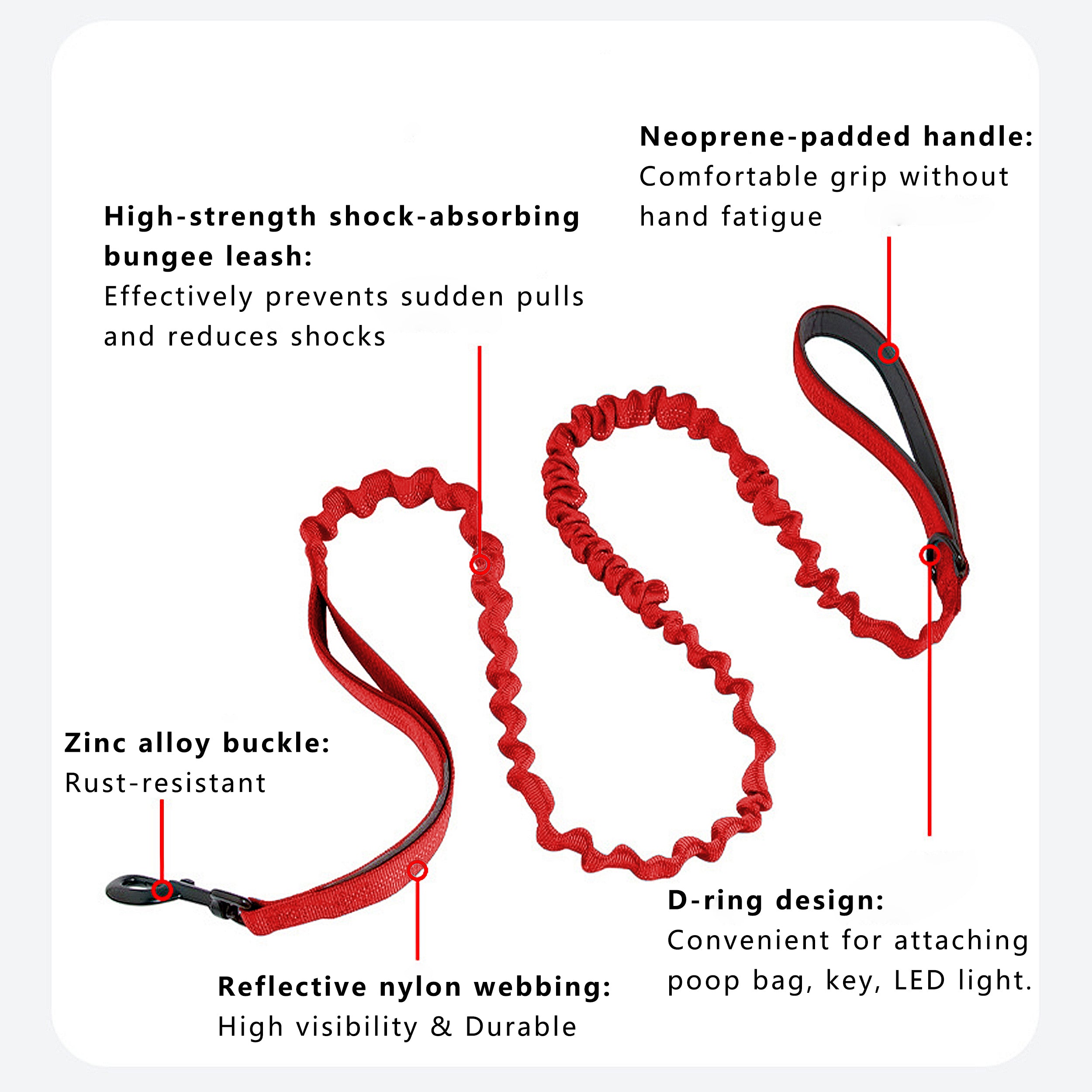 Anna-Kaci Dog Leash Reflective Comfort Dual Handle Elastic Pet Training Leash