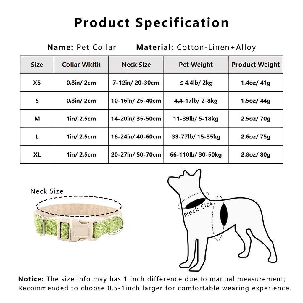 Anna-Kaci Dog Collar Adjustable Lightweight Comfort Cotton-Linen Pet Collars for All Breeds