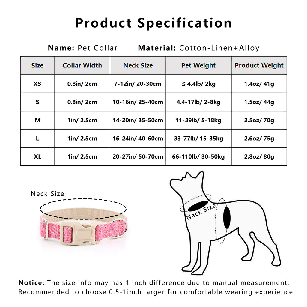 Anna-Kaci Dog Collar Adjustable Lightweight Comfort Cotton-Linen Pet Collars for All Breeds
