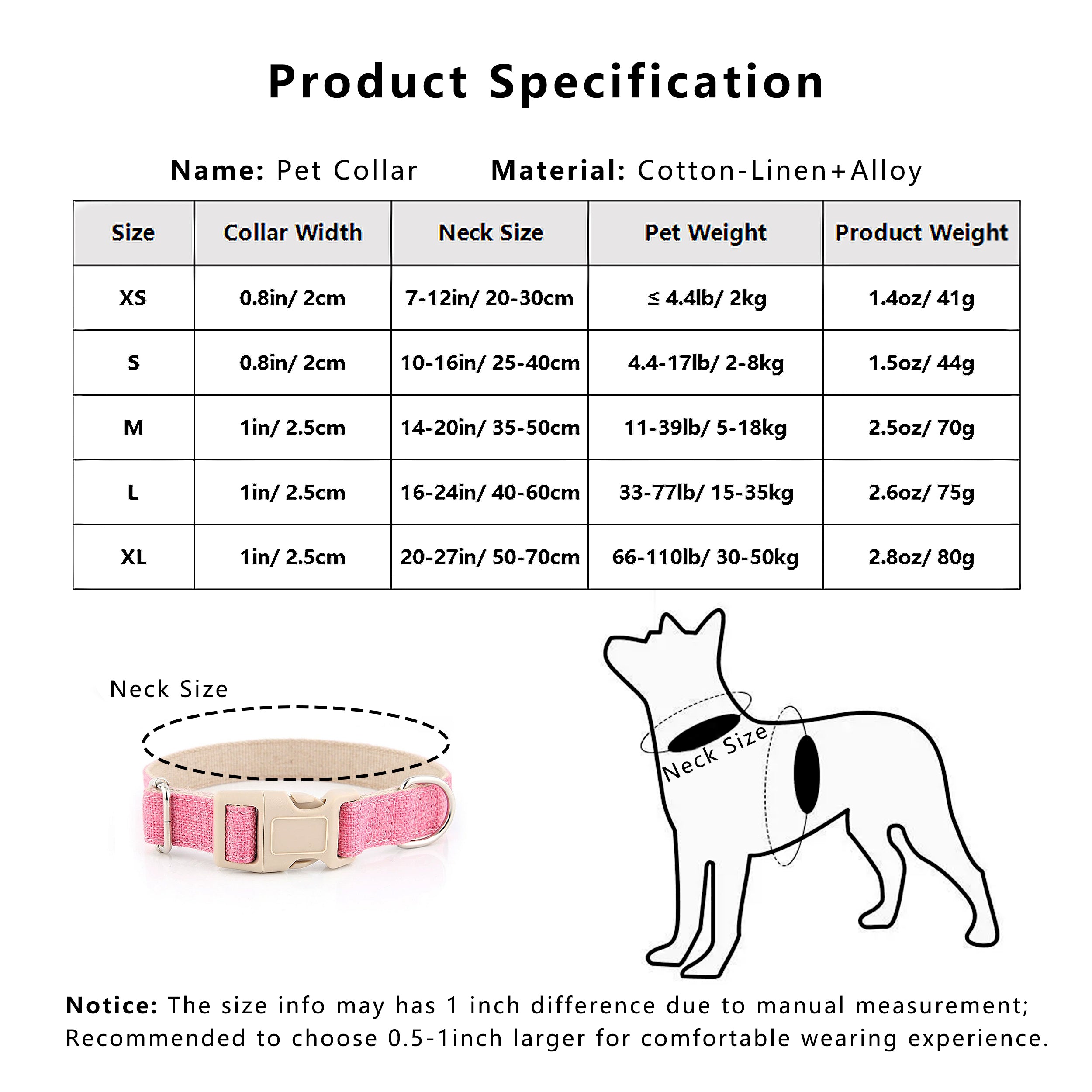 Anna-Kaci Dog Collar Adjustable Lightweight Comfort Cotton-Linen Pet Collars for All Breeds