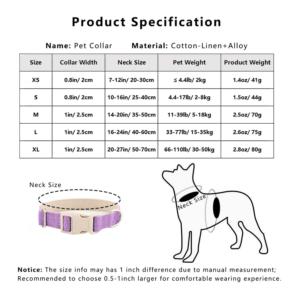 Anna-Kaci Dog Collar Adjustable Lightweight Comfort Cotton-Linen Pet Collars for All Breeds