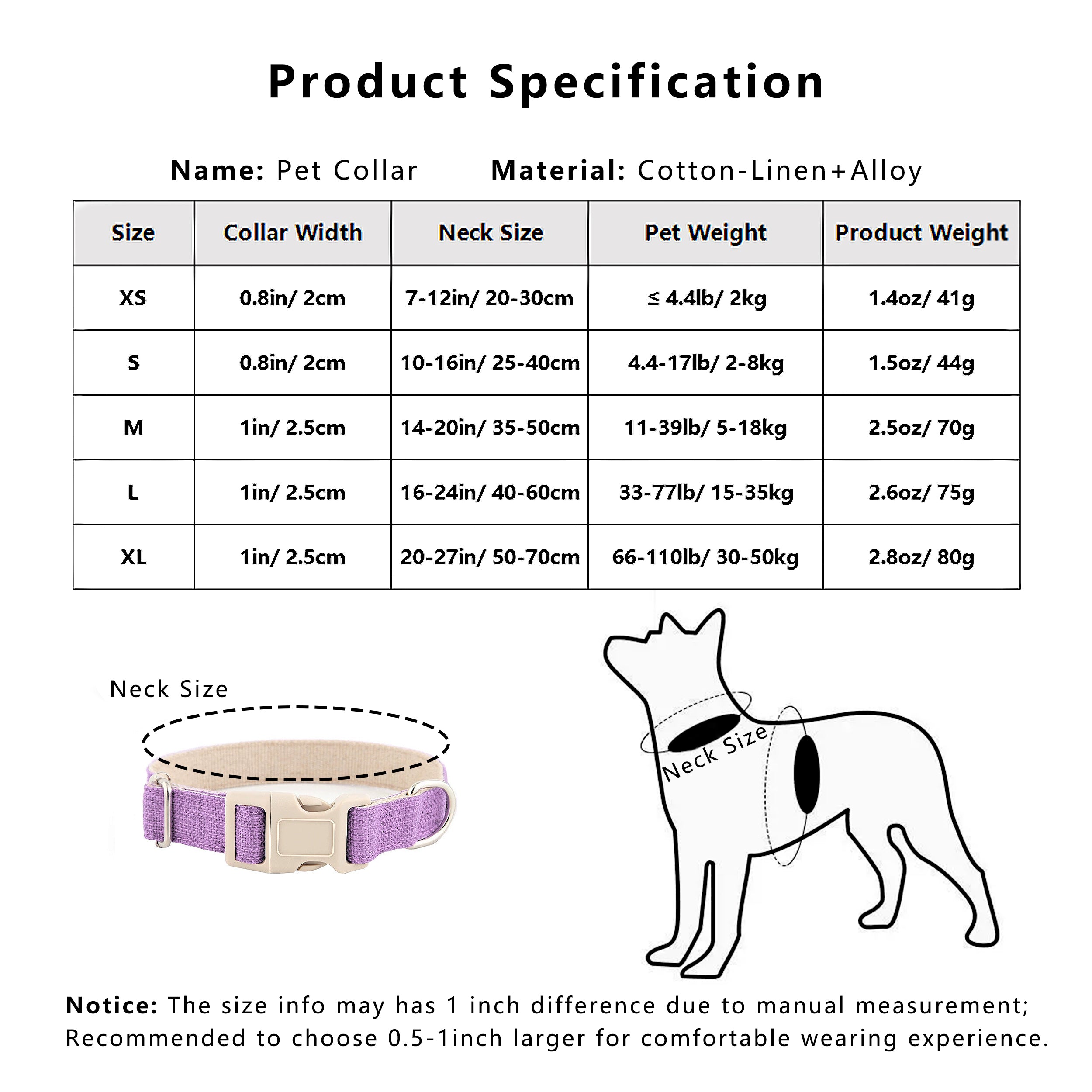 Anna-Kaci Dog Collar Adjustable Lightweight Comfort Cotton-Linen Pet Collars for All Breeds