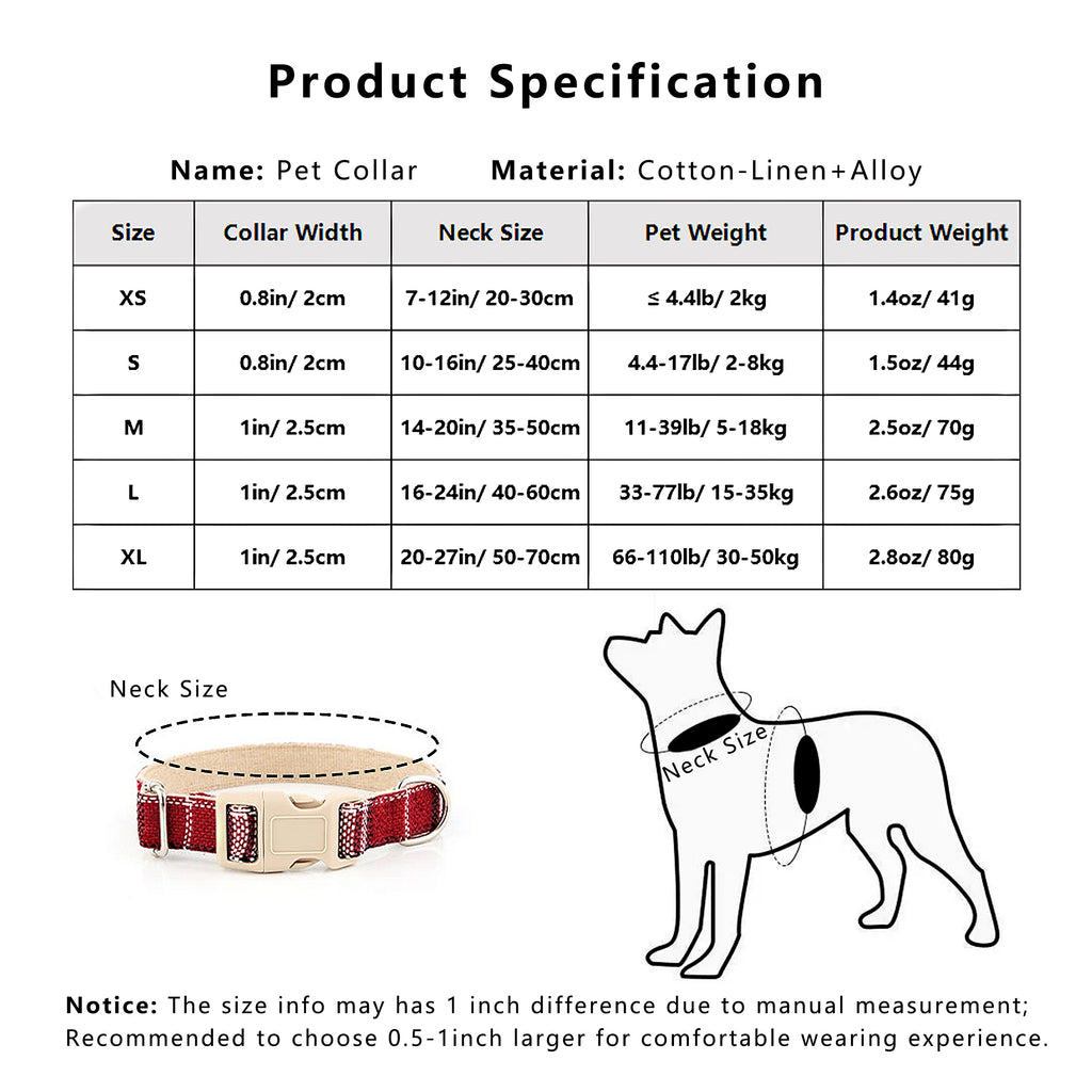 Anna-Kaci Dog Collar Adjustable Lightweight Comfort Cotton-Linen Pet Collars for All Breeds
