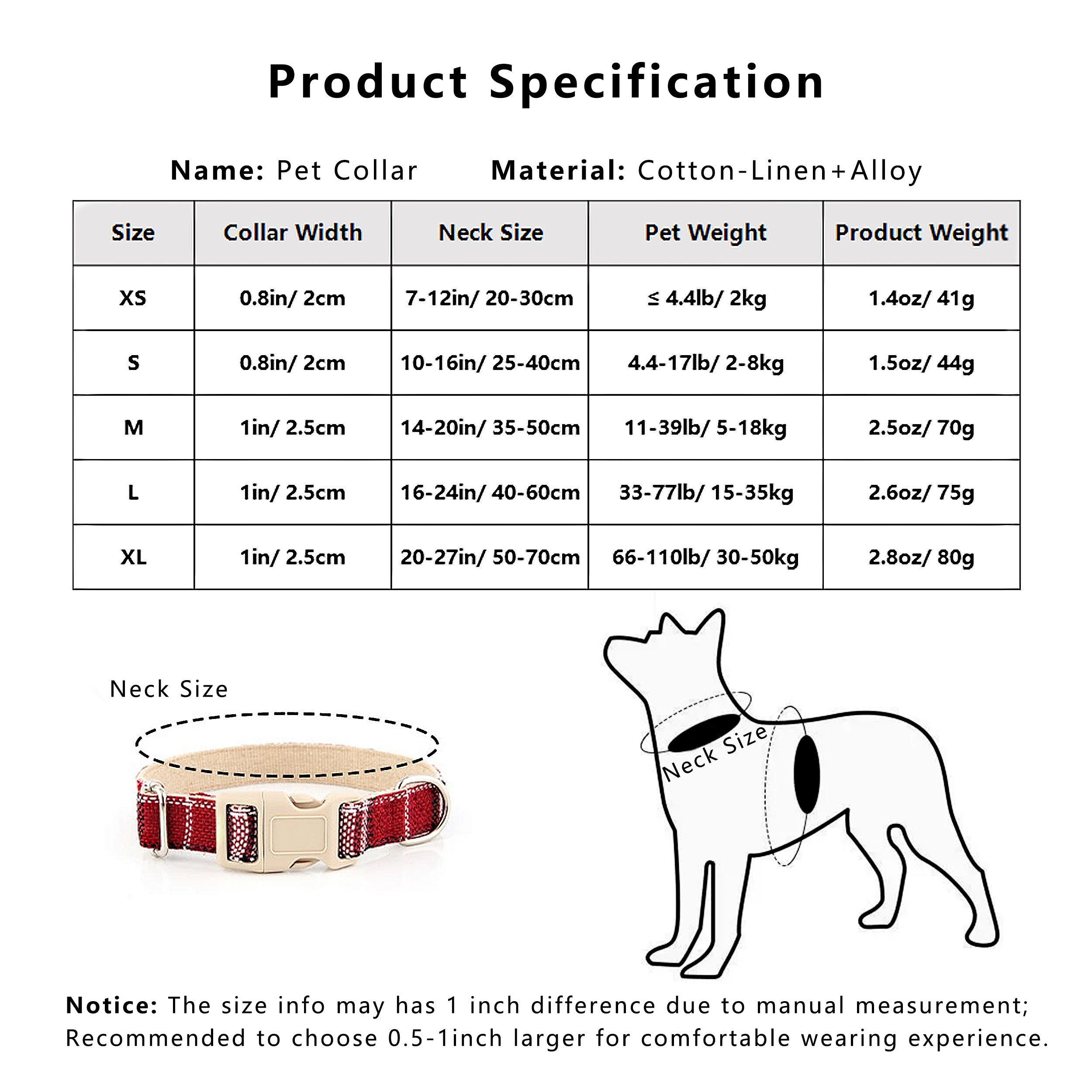 Anna-Kaci Dog Collar Adjustable Lightweight Comfort Cotton-Linen Pet Collars for All Breeds