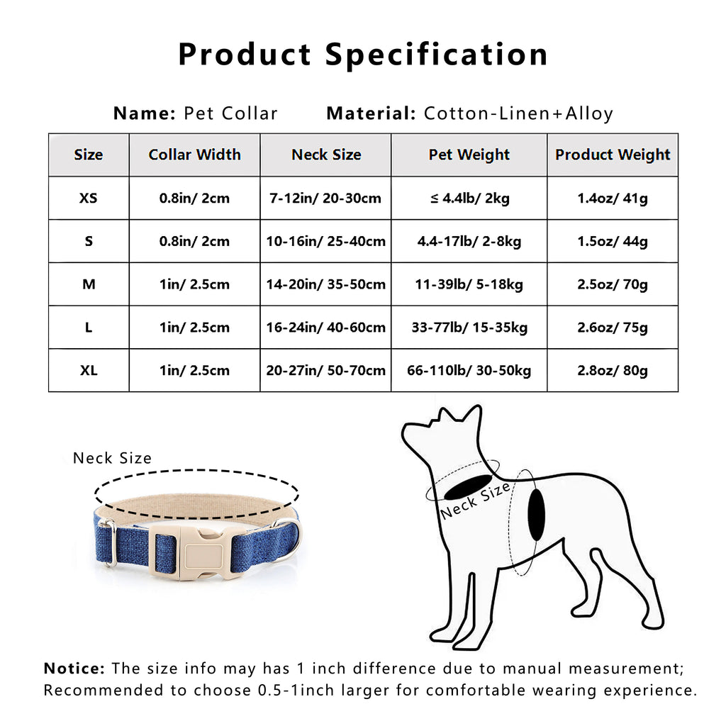 Anna-Kaci Dog Collar Adjustable Lightweight Comfort Cotton-Linen Pet Collars for All Breeds