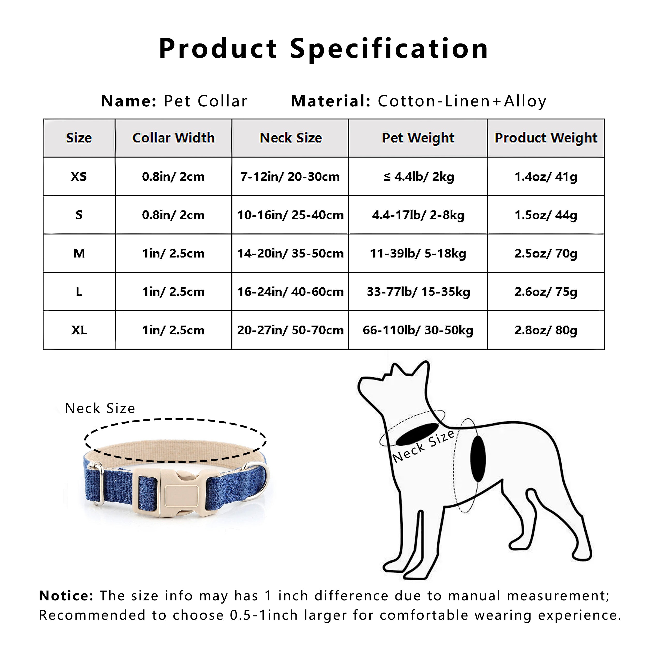 Anna-Kaci Dog Collar Adjustable Lightweight Comfort Cotton-Linen Pet Collars for All Breeds