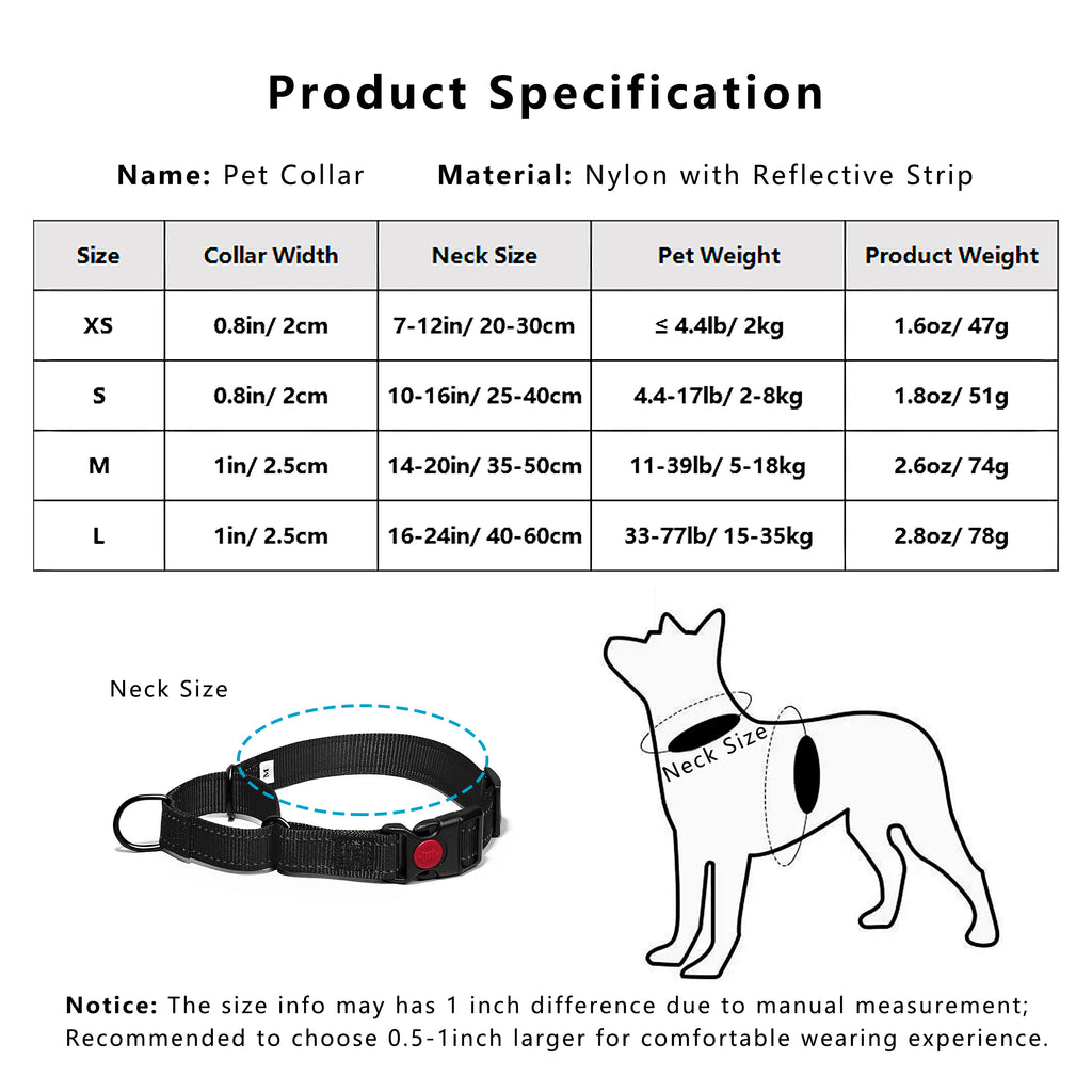 Anna-Kaci Dog Collar Adjustable Reflective Comfort Nylon Pet Collars for All Breeds