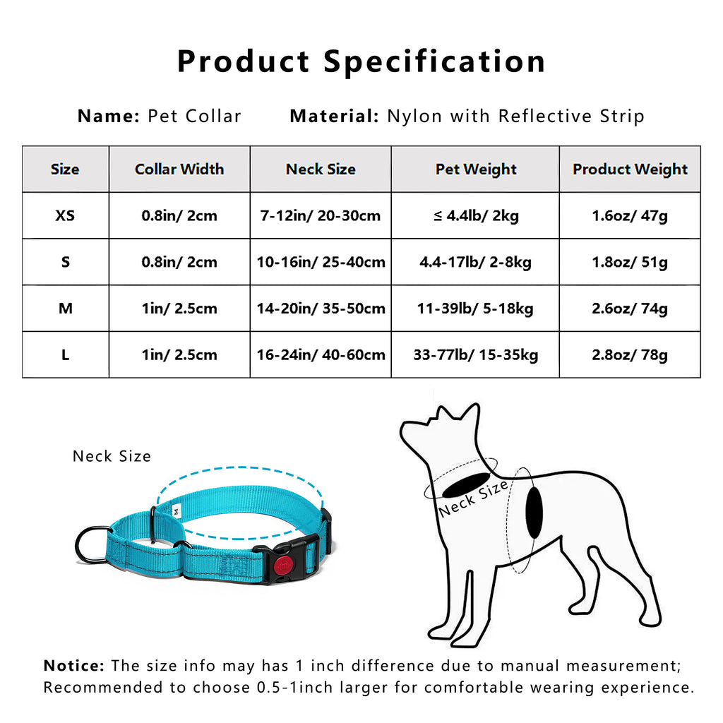 Anna-Kaci Dog Collar Adjustable Reflective Comfort Nylon Pet Collars for All Breeds