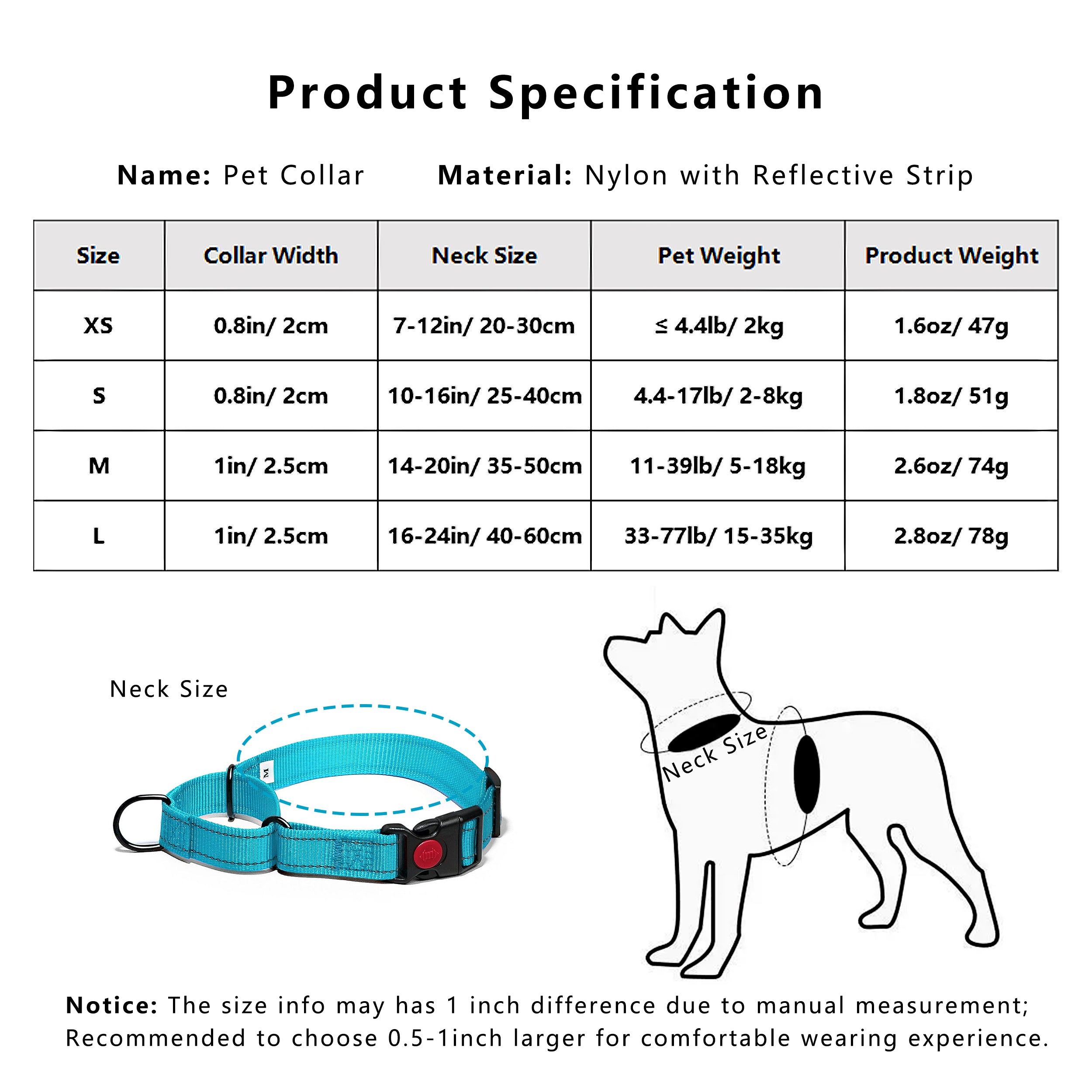 Anna-Kaci Dog Collar Adjustable Reflective Comfort Nylon Pet Collars for All Breeds