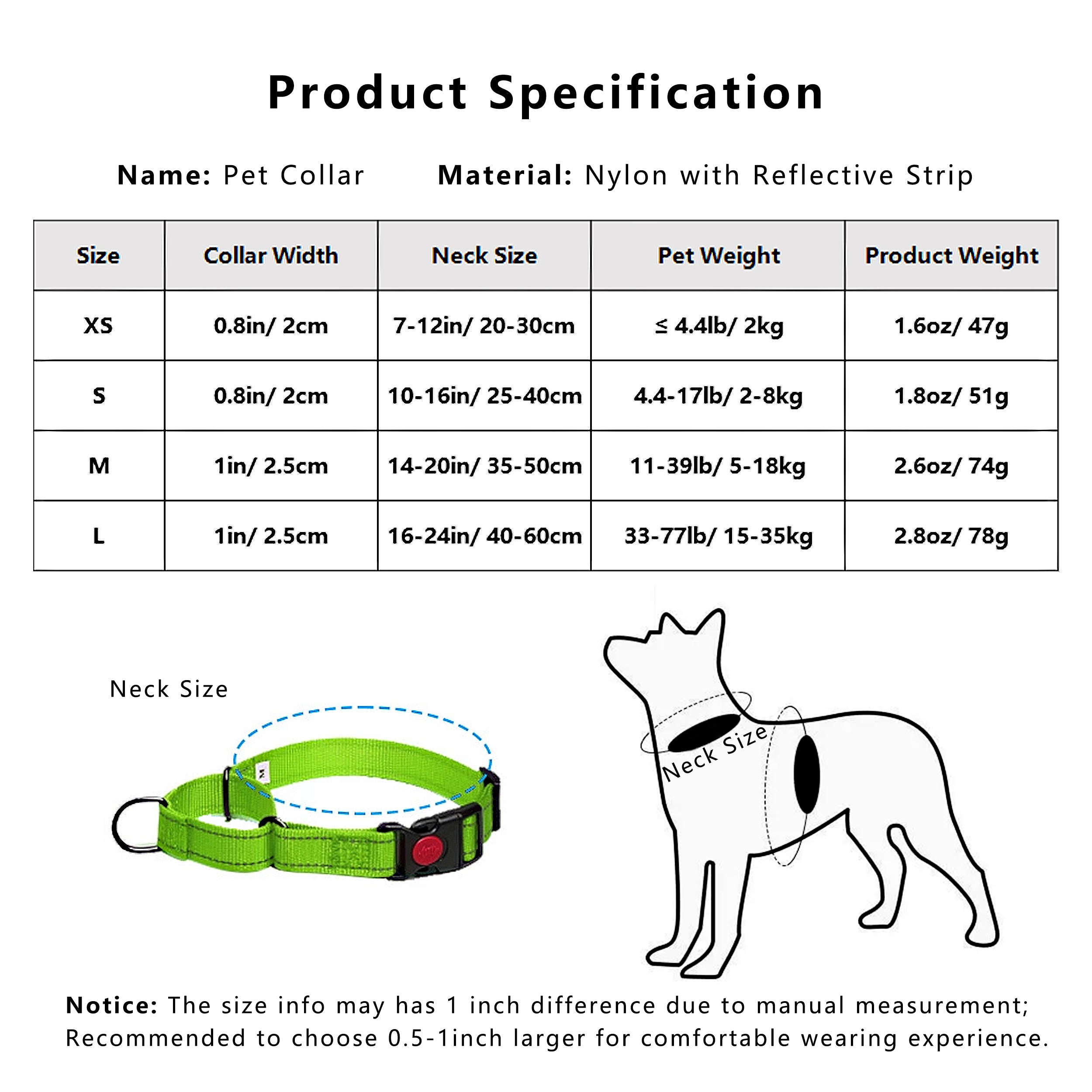 Anna-Kaci Dog Collar Adjustable Reflective Comfort Nylon Pet Collars for All Breeds