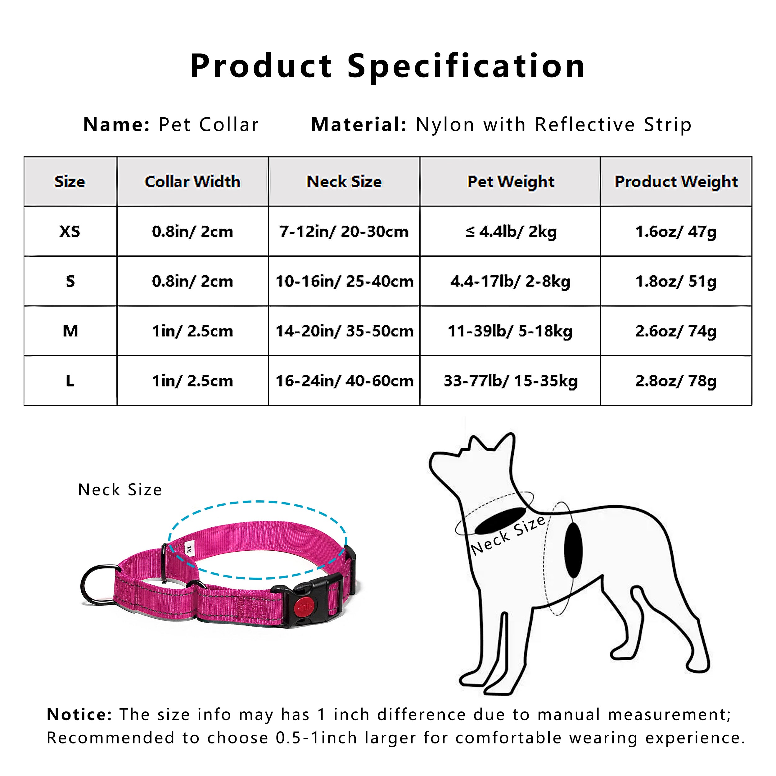 Anna-Kaci Dog Collar Adjustable Reflective Comfort Nylon Pet Collars for All Breeds
