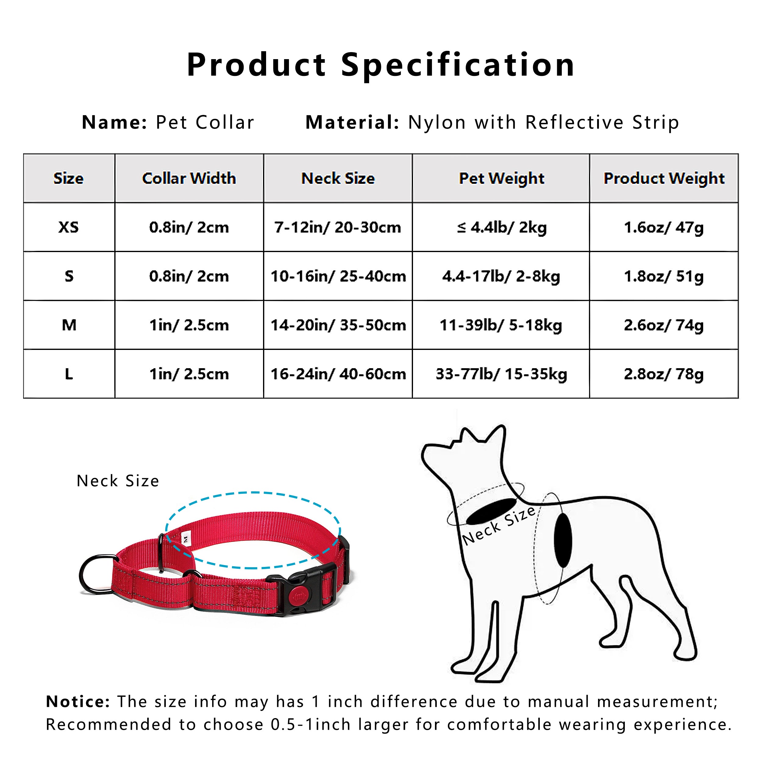 Anna-Kaci Dog Collar Adjustable Reflective Comfort Nylon Pet Collars for All Breeds