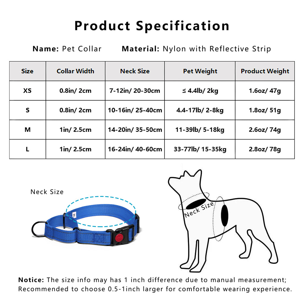 Anna-Kaci Dog Collar Adjustable Reflective Comfort Nylon Pet Collars for All Breeds