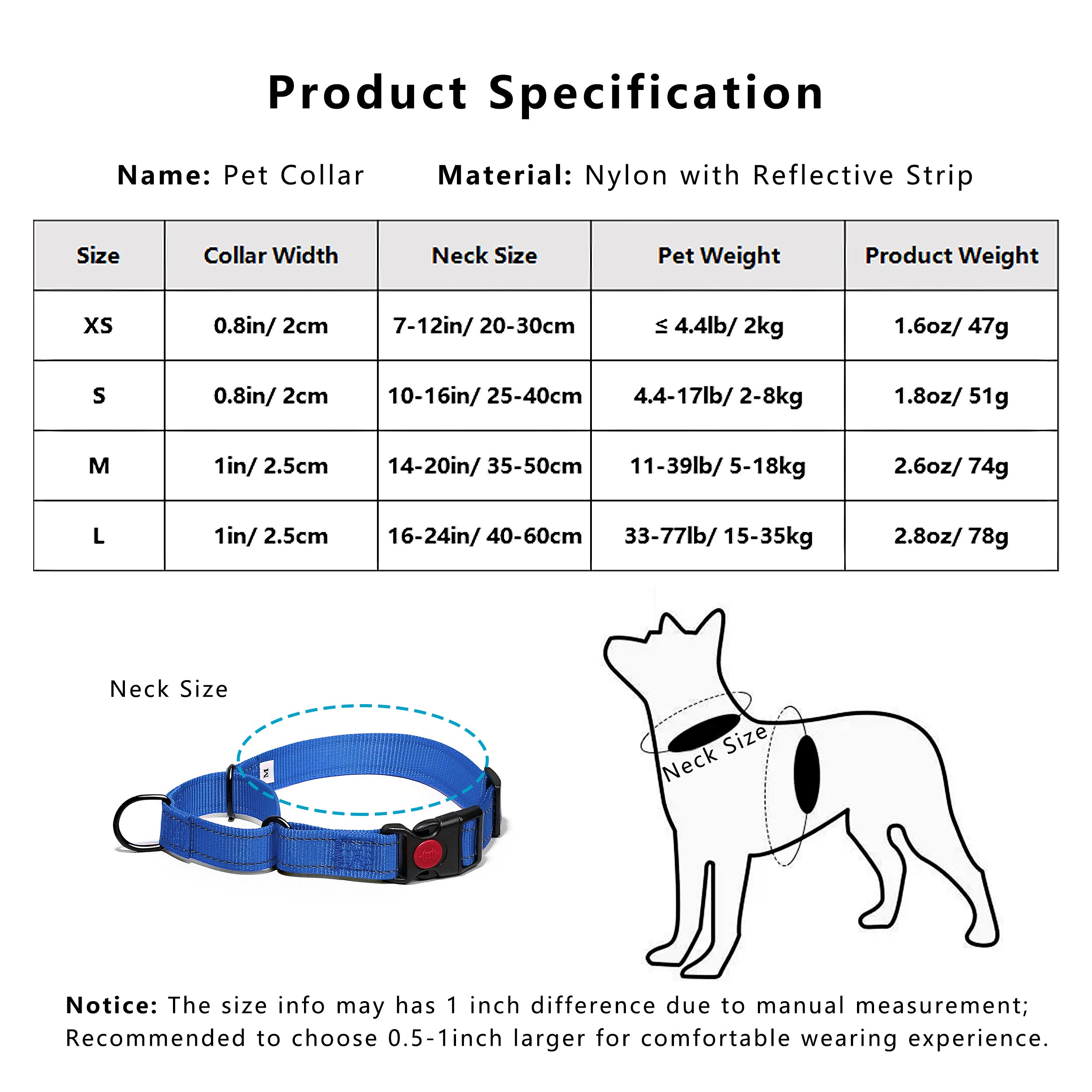 Anna-Kaci Dog Collar Adjustable Reflective Comfort Nylon Pet Collars for All Breeds
