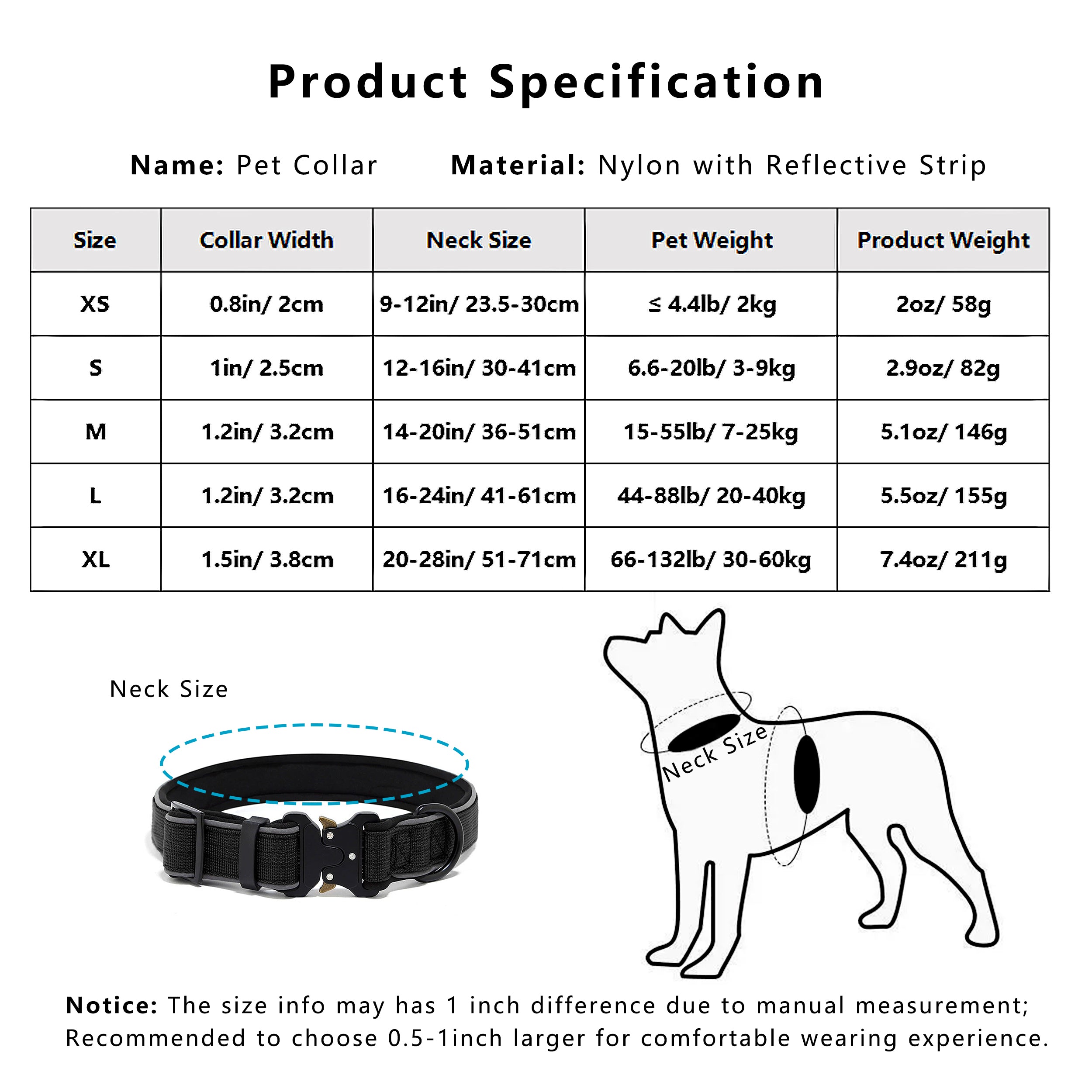 Anna-Kaci Dog Collar Reflective Comfort Padded Adjustable Adventure Nylon Pet Collars for All Breeds