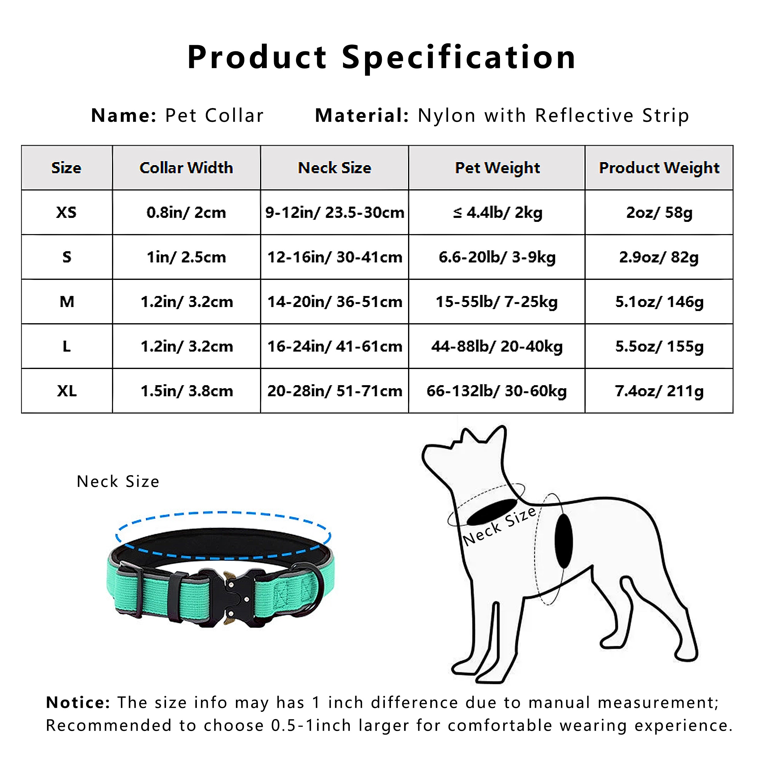 Anna-Kaci Dog Collar Reflective Comfort Padded Adjustable Adventure Nylon Pet Collars for All Breeds