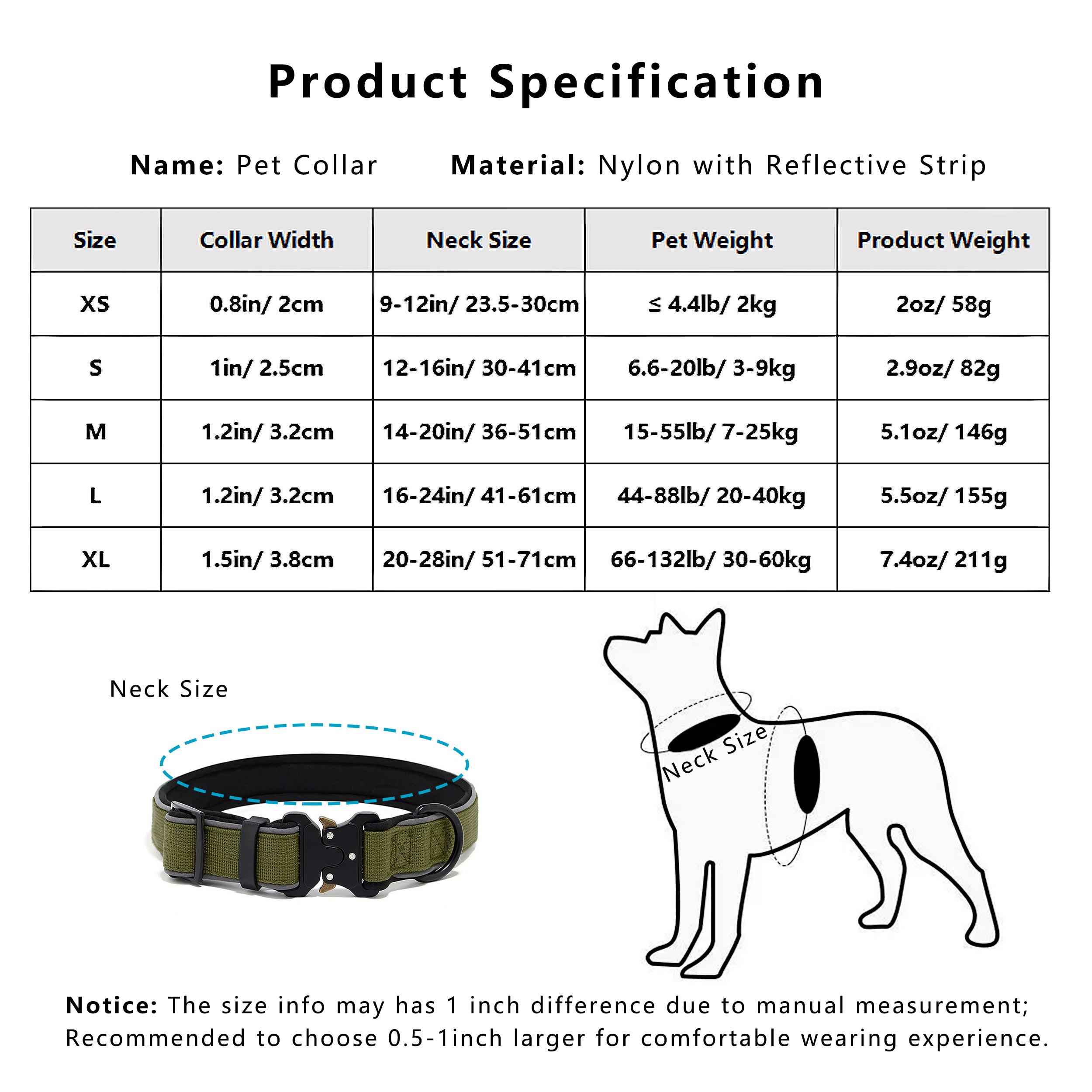 Anna-Kaci Dog Collar Reflective Comfort Padded Adjustable Adventure Nylon Pet Collars for All Breeds