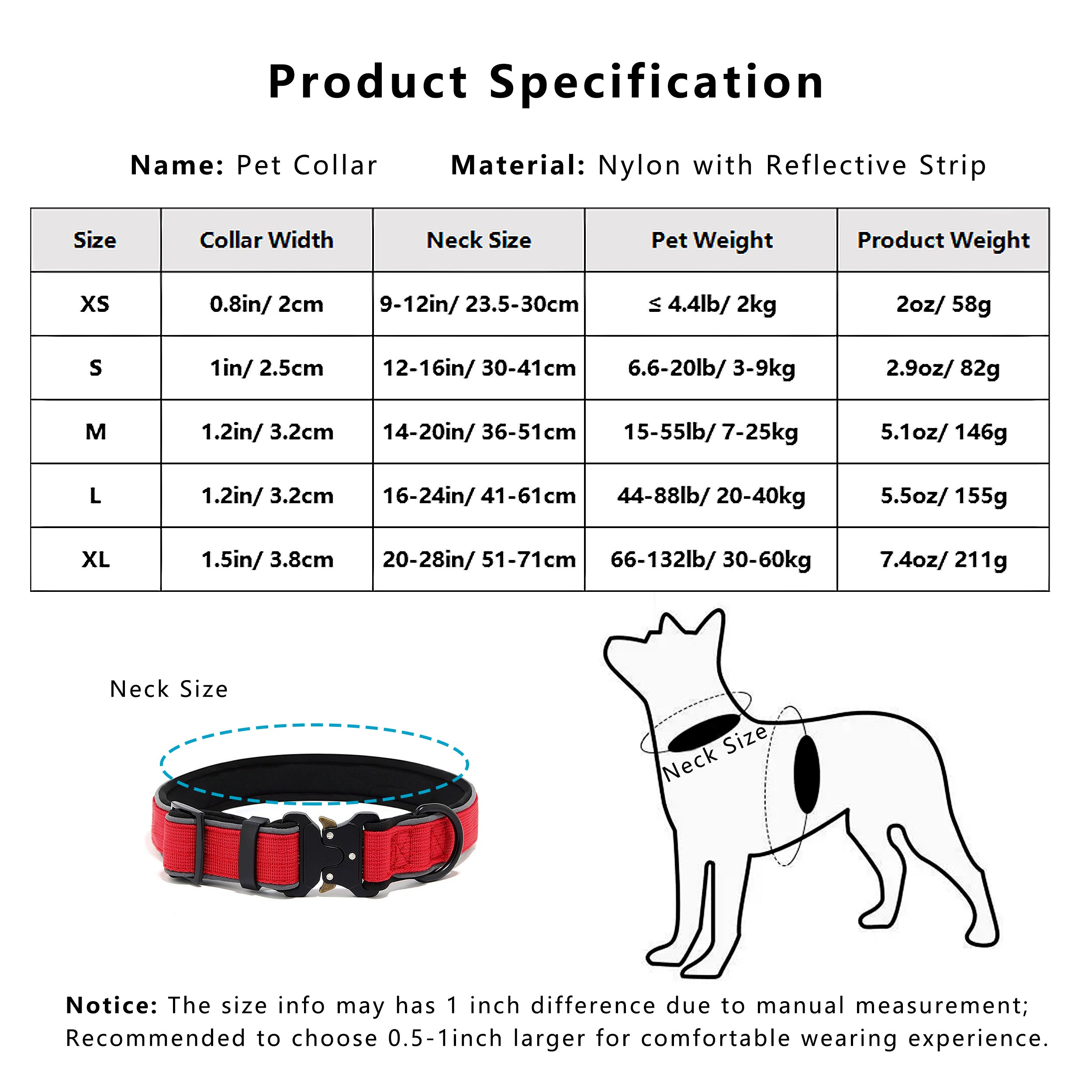 Anna-Kaci Dog Collar Reflective Comfort Padded Adjustable Adventure Nylon Pet Collars for All Breeds