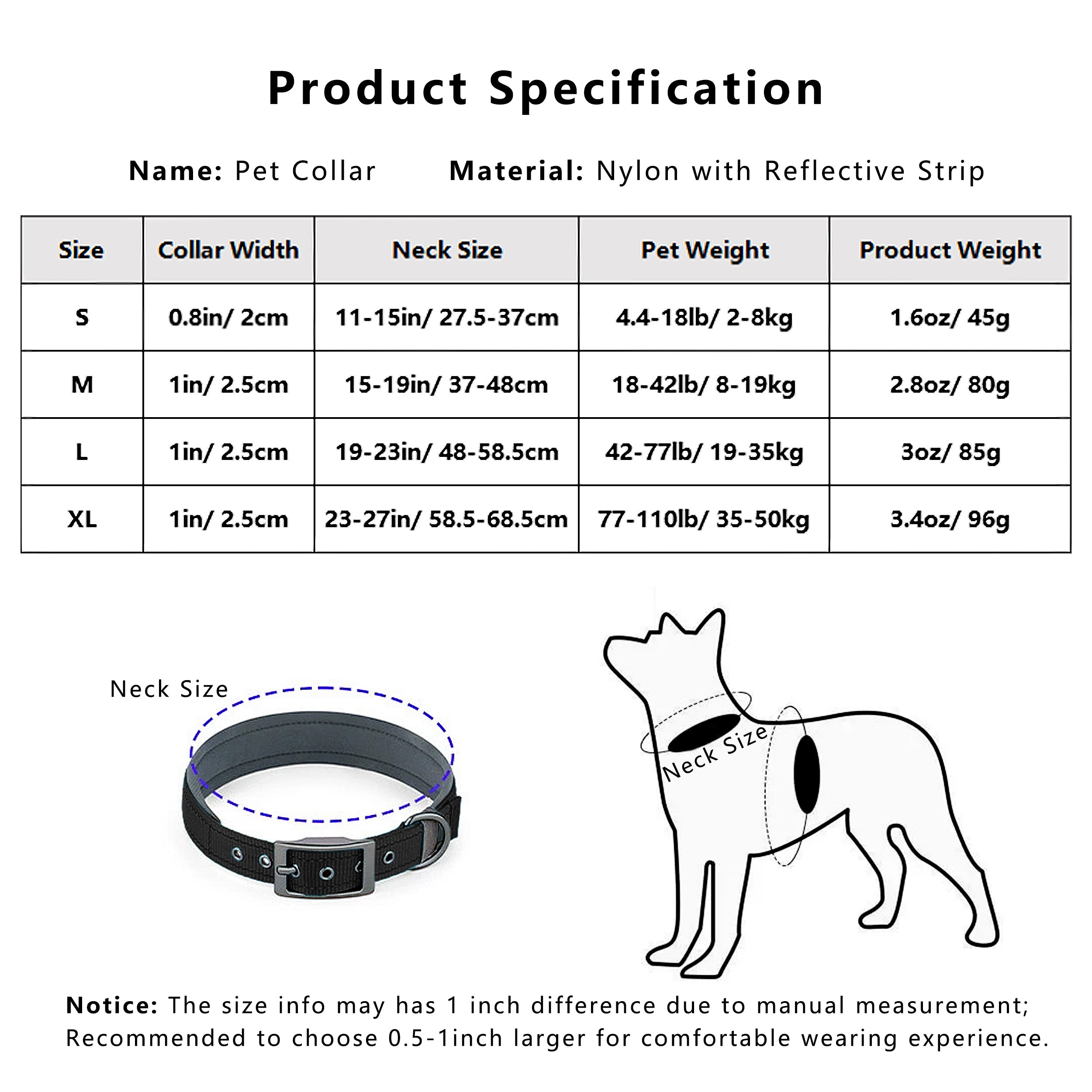 Anna-Kaci Dog Collar Reflective Adjustable Comfort Padded Nylon Pet Collars with Durable Metal Belt Buckle