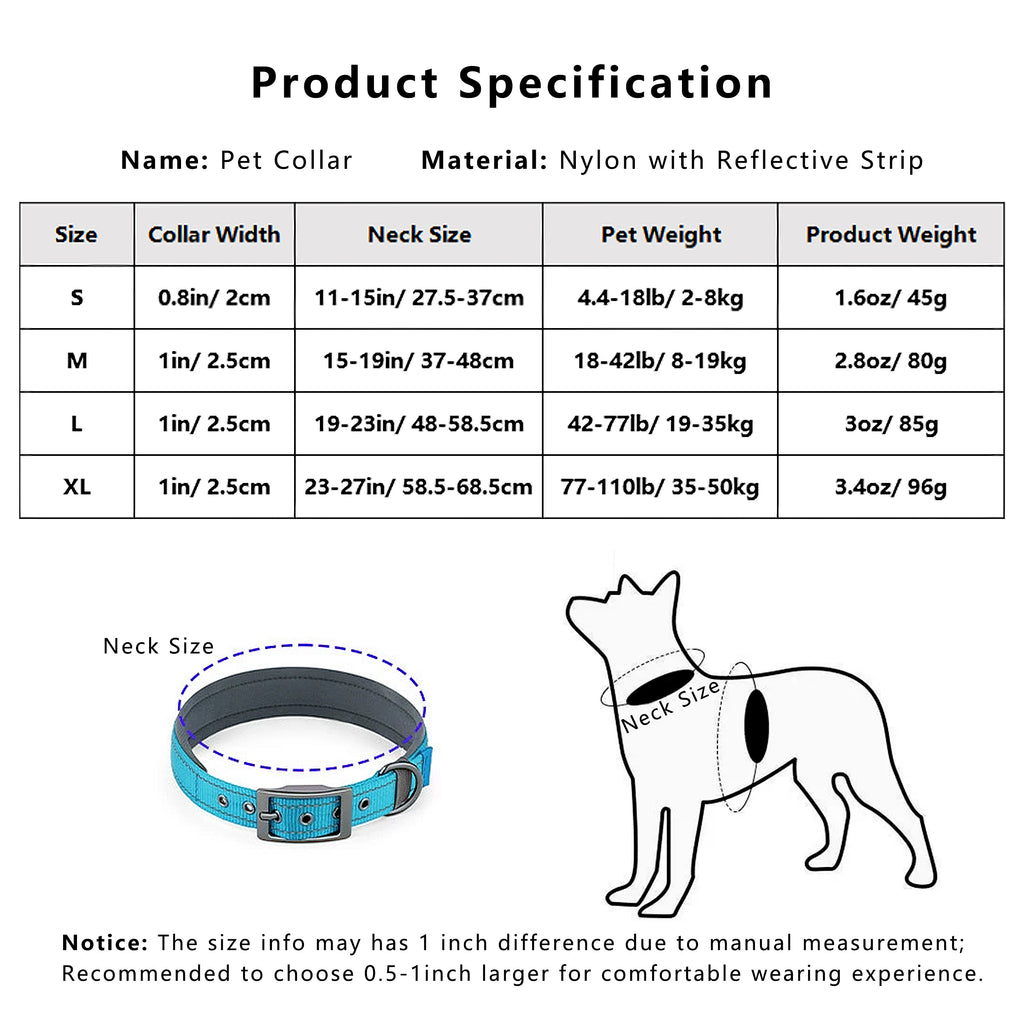 Anna-Kaci Dog Collar Reflective Adjustable Comfort Padded Nylon Pet Collars with Durable Metal Belt Buckle