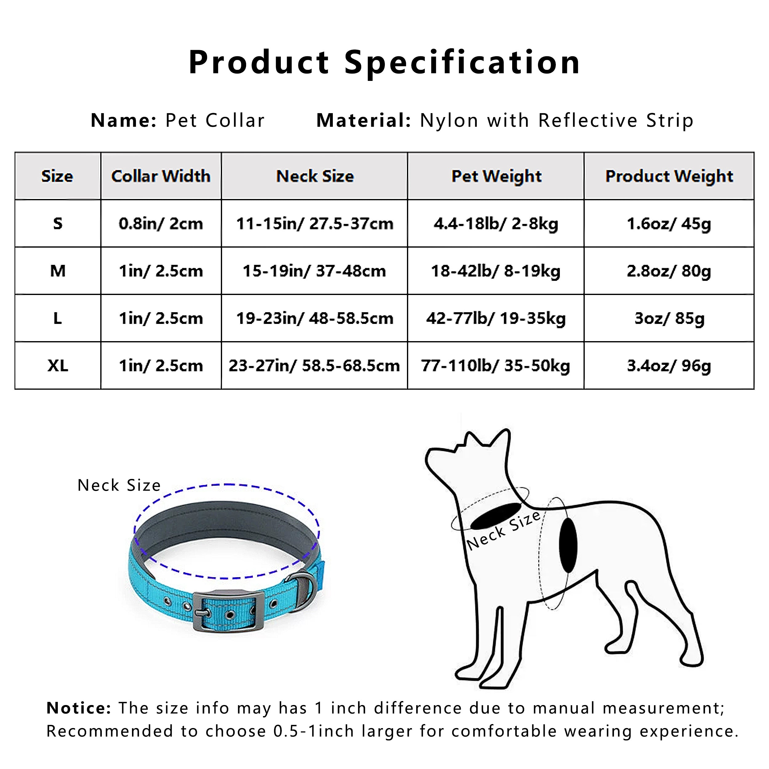 Anna-Kaci Dog Collar Reflective Adjustable Comfort Padded Nylon Pet Collars with Durable Metal Belt Buckle
