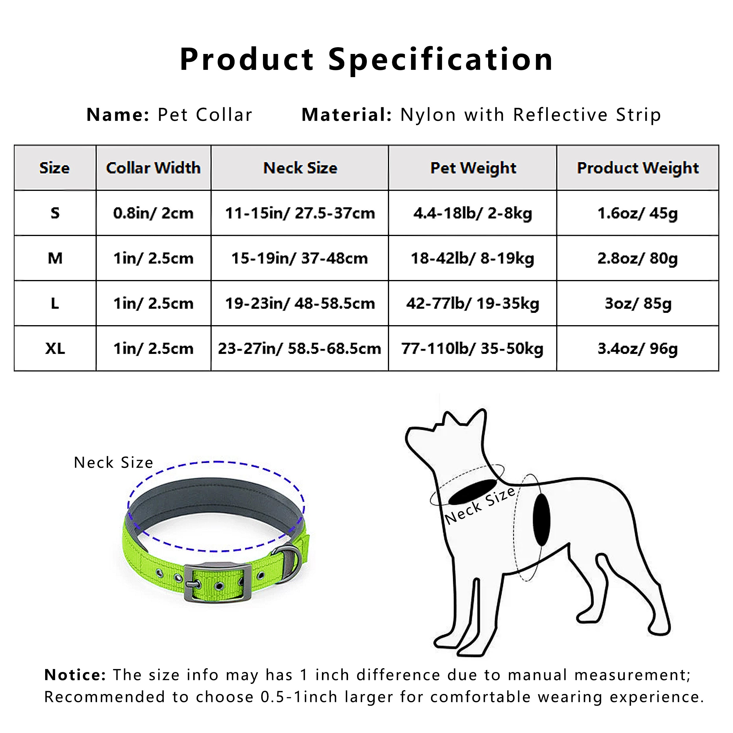 Anna-Kaci Dog Collar Reflective Adjustable Comfort Padded Nylon Pet Collars with Durable Metal Belt Buckle