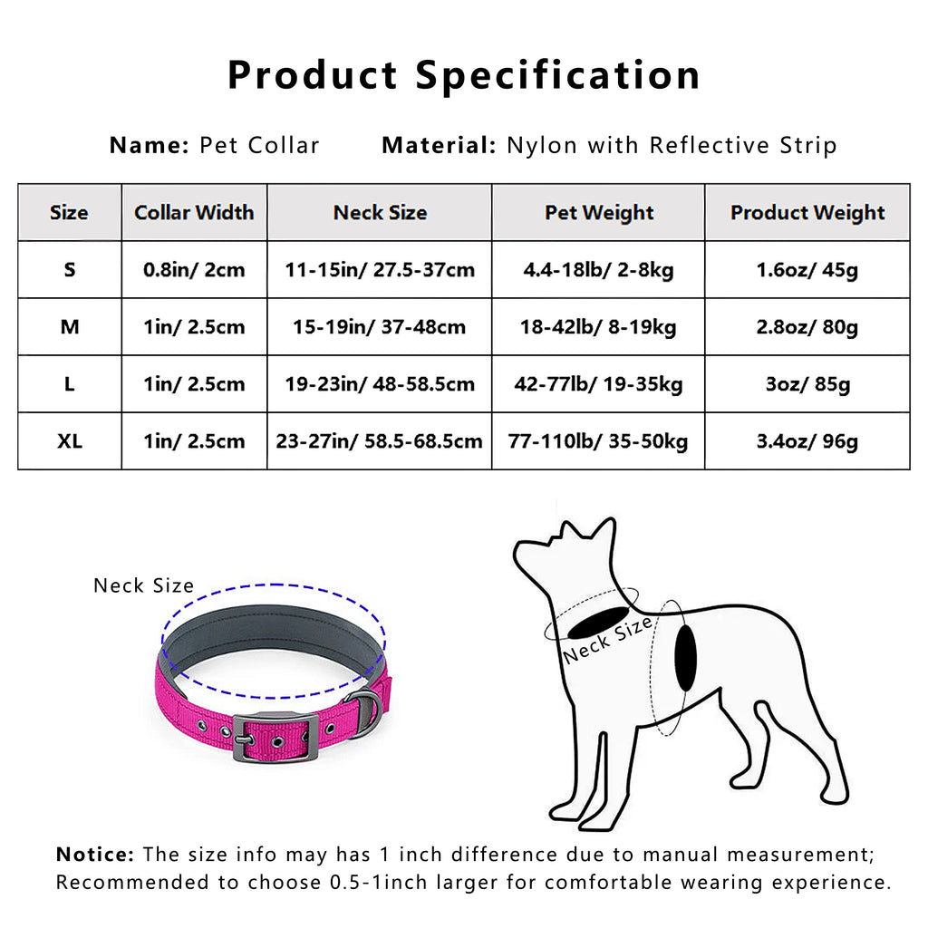 Anna-Kaci Dog Collar Reflective Adjustable Comfort Padded Nylon Pet Collars with Durable Metal Belt Buckle