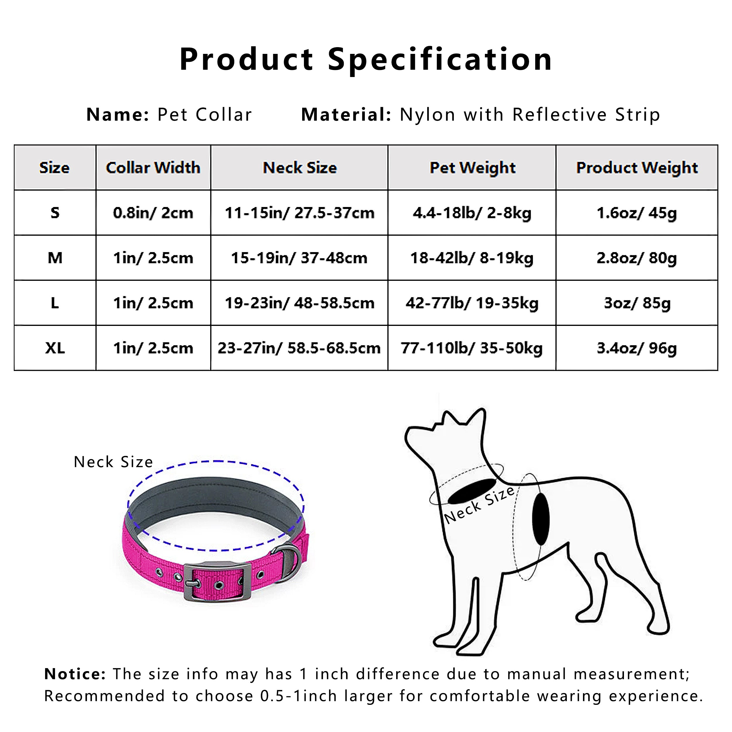 Anna-Kaci Dog Collar Reflective Adjustable Comfort Padded Nylon Pet Collars with Durable Metal Belt Buckle