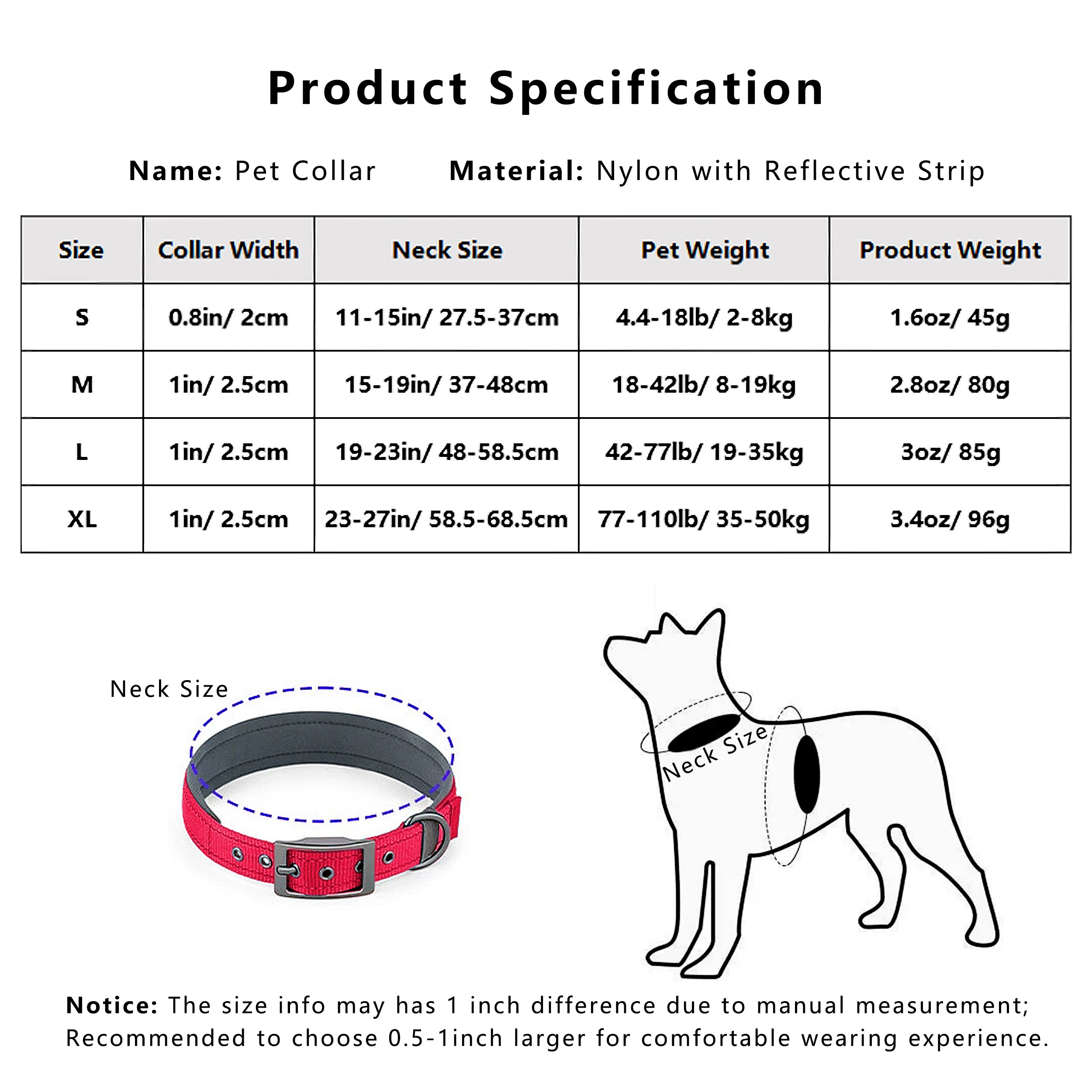 Anna-Kaci Dog Collar Reflective Adjustable Comfort Padded Nylon Pet Collars with Durable Metal Belt Buckle