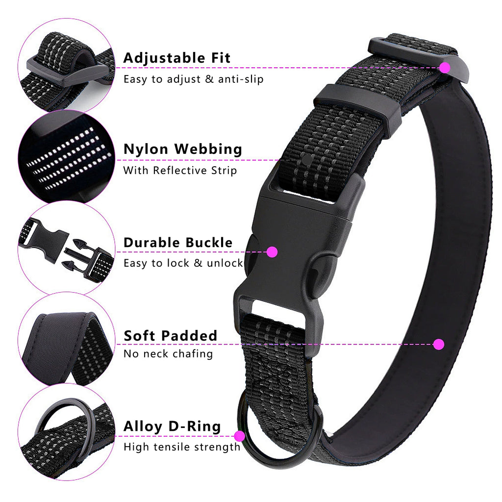 Anna-Kaci Dog Collar Reflective Soft Padded Adjustable Comfort Nylon Collars for All Breeds