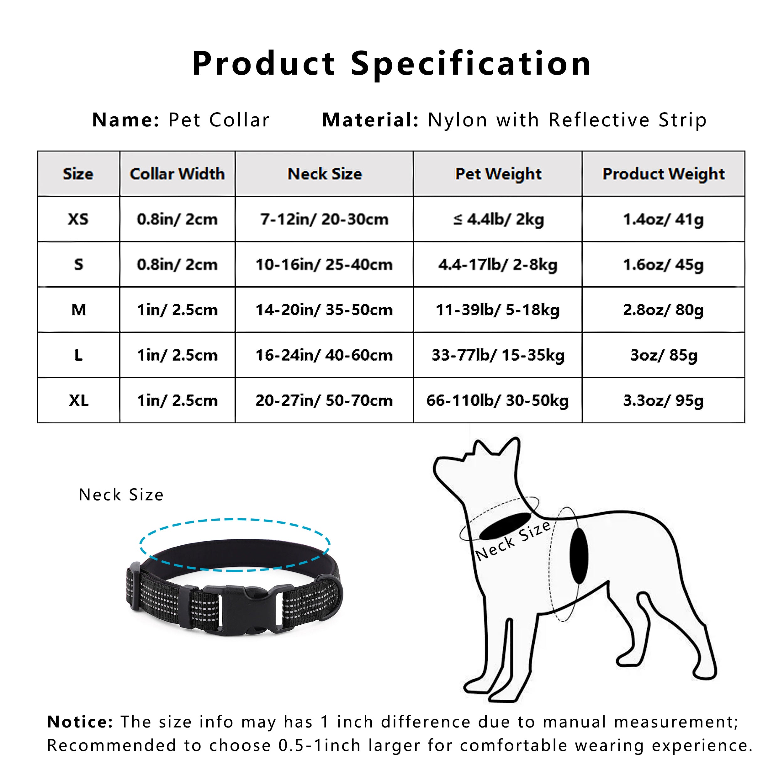 Anna-Kaci Dog Collar Reflective Soft Padded Adjustable Comfort Nylon Collars for All Breeds