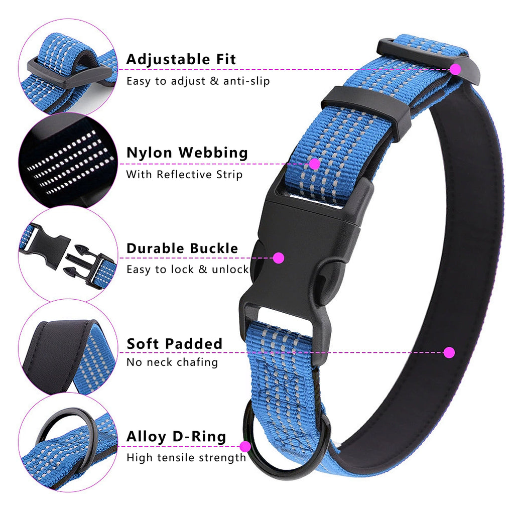 Anna-Kaci Dog Collar Reflective Soft Padded Adjustable Comfort Nylon Collars for All Breeds