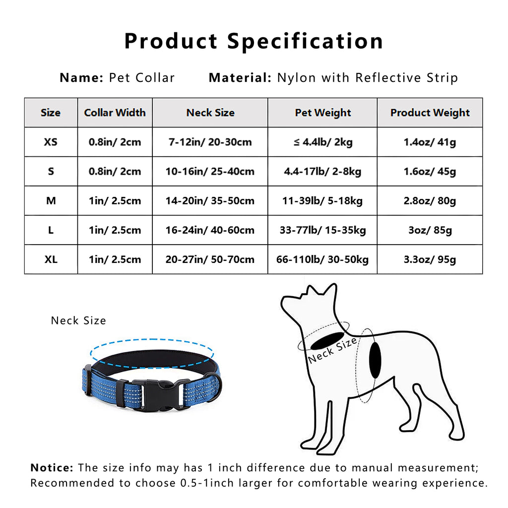 Anna-Kaci Dog Collar Reflective Soft Padded Adjustable Comfort Nylon Collars for All Breeds