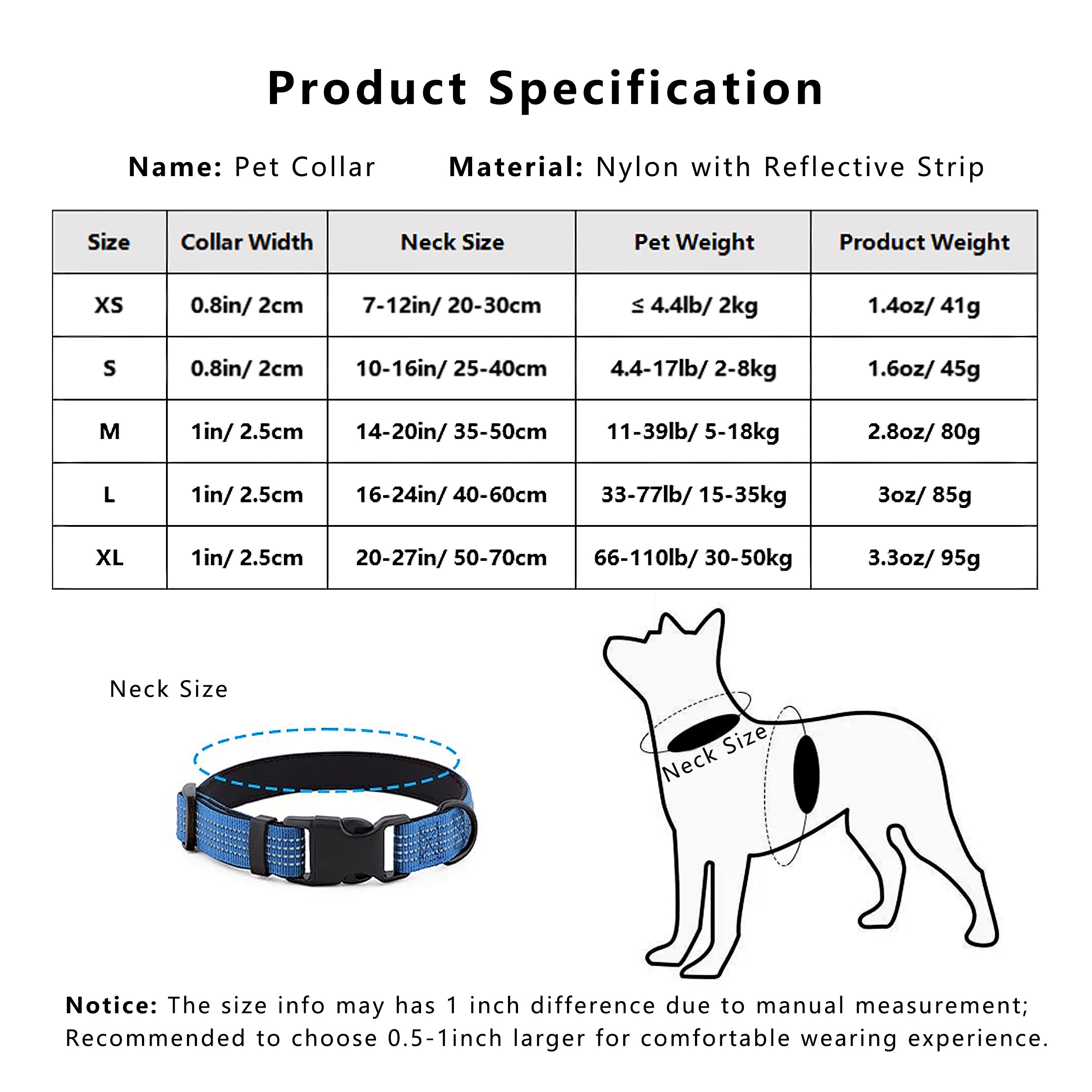 Anna-Kaci Dog Collar Reflective Soft Padded Adjustable Comfort Nylon Collars for All Breeds