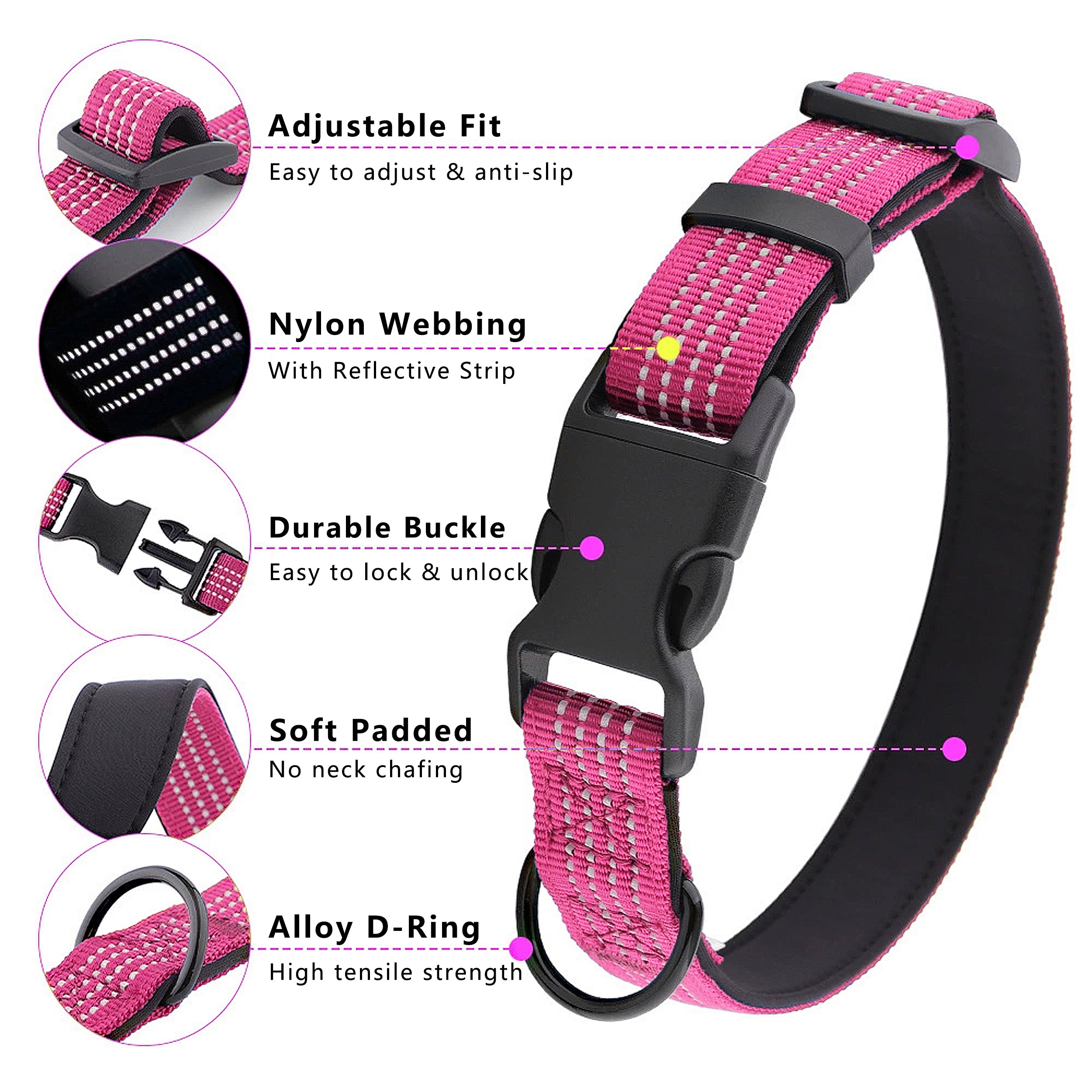 Anna-Kaci Dog Collar Reflective Soft Padded Adjustable Comfort Nylon Collars for All Breeds