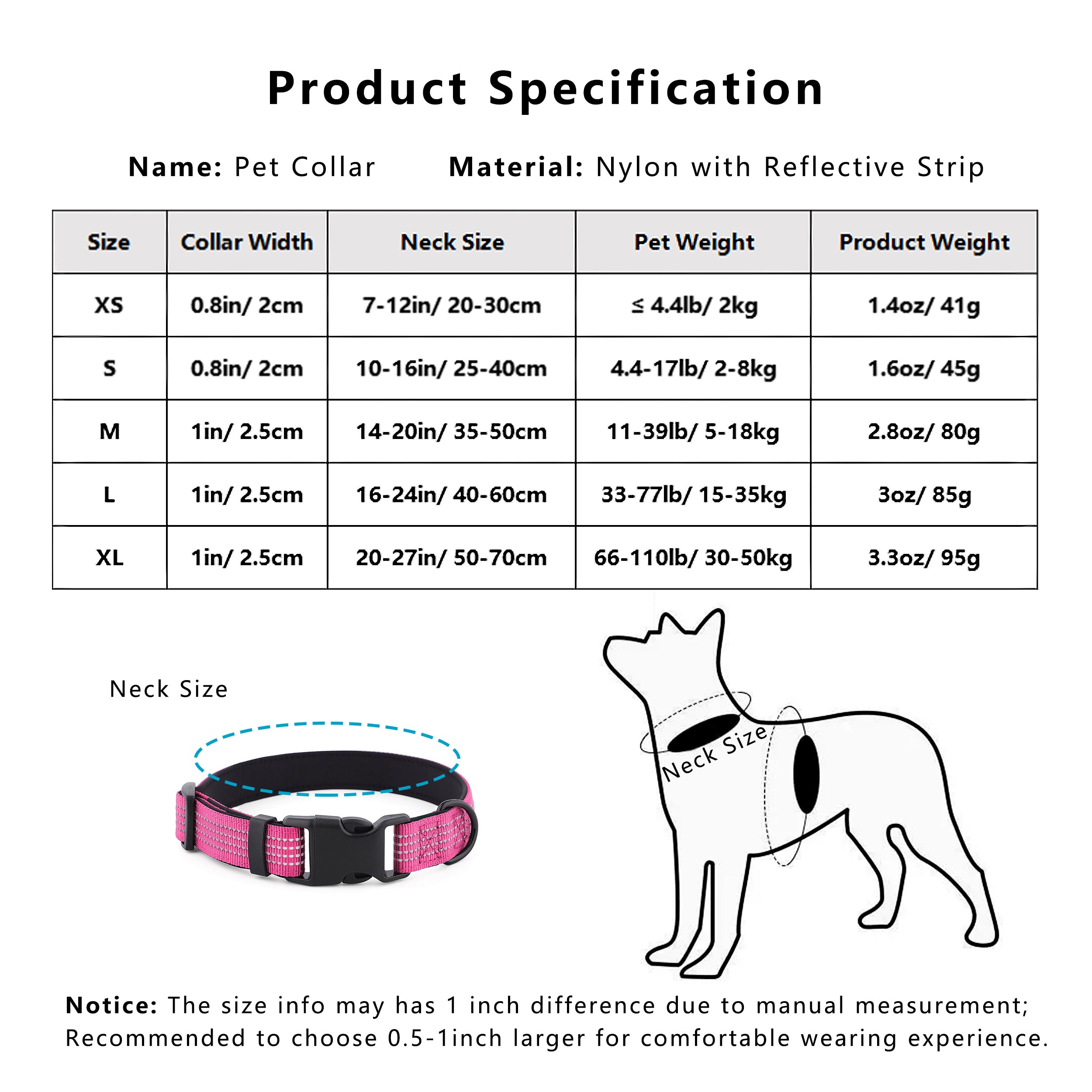 Anna-Kaci Dog Collar Reflective Soft Padded Adjustable Comfort Nylon Collars for All Breeds
