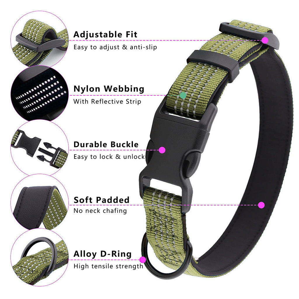 Anna-Kaci Dog Collar Reflective Soft Padded Adjustable Comfort Nylon Collars for All Breeds