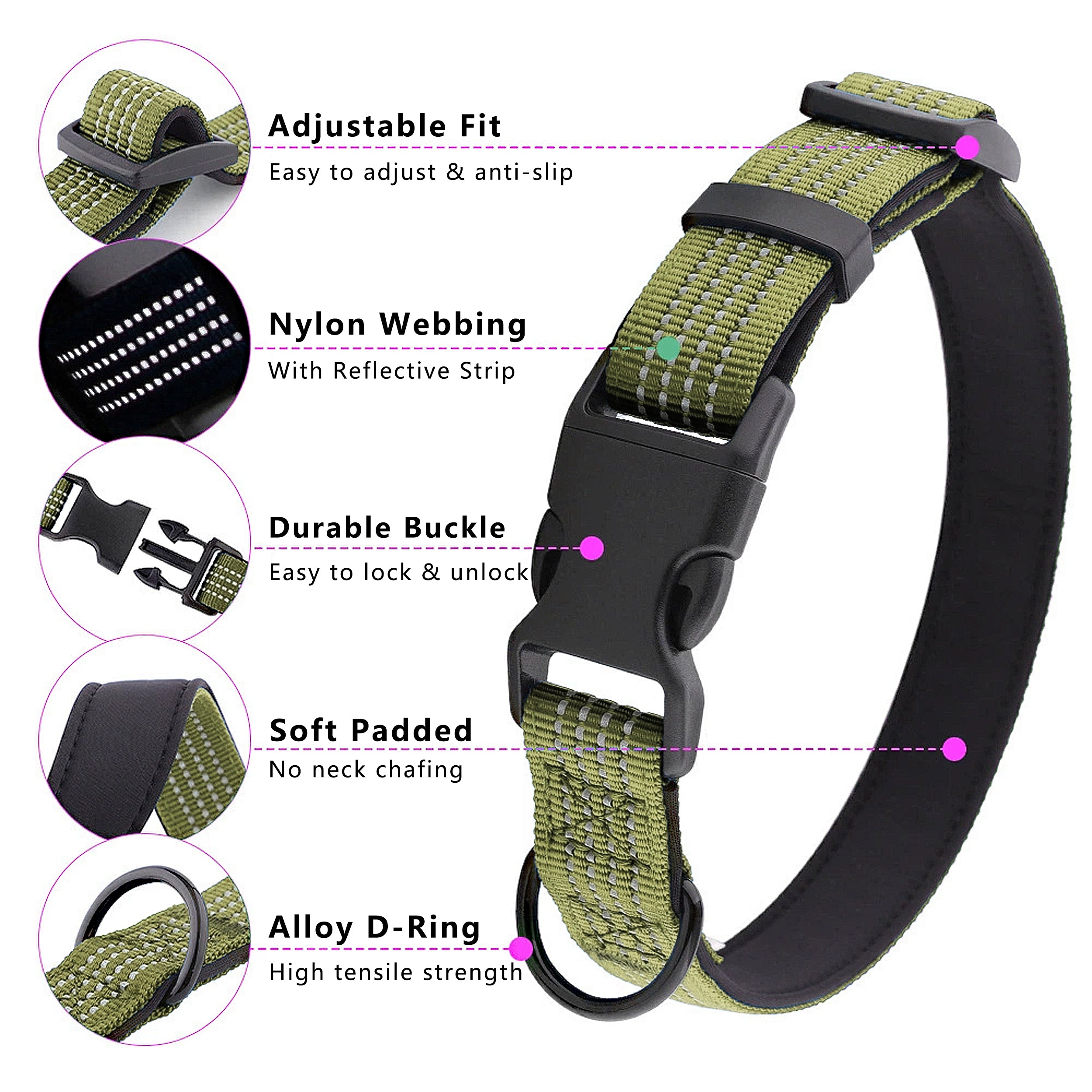 Anna-Kaci Dog Collar Reflective Soft Padded Adjustable Comfort Nylon Collars for All Breeds