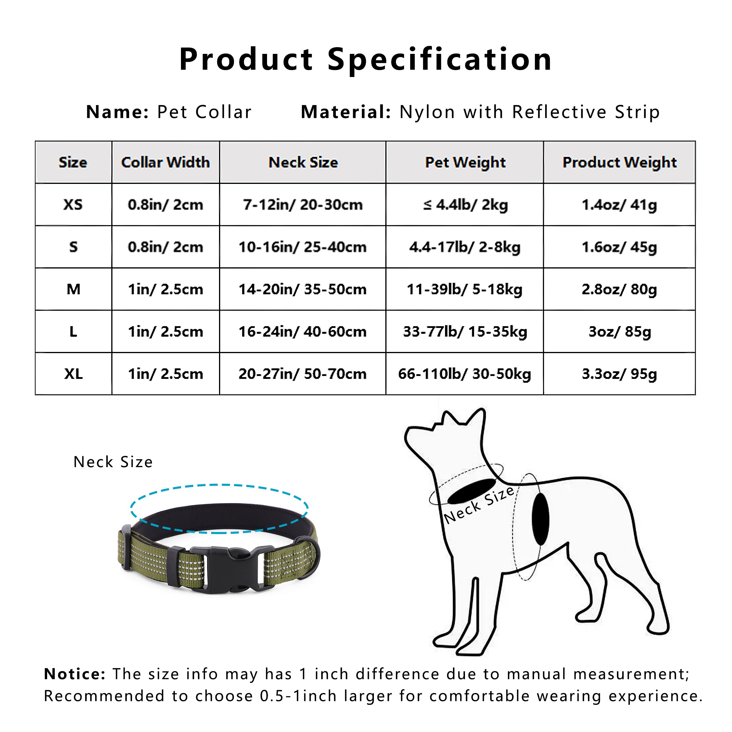 Anna-Kaci Dog Collar Reflective Soft Padded Adjustable Comfort Nylon Collars for All Breeds