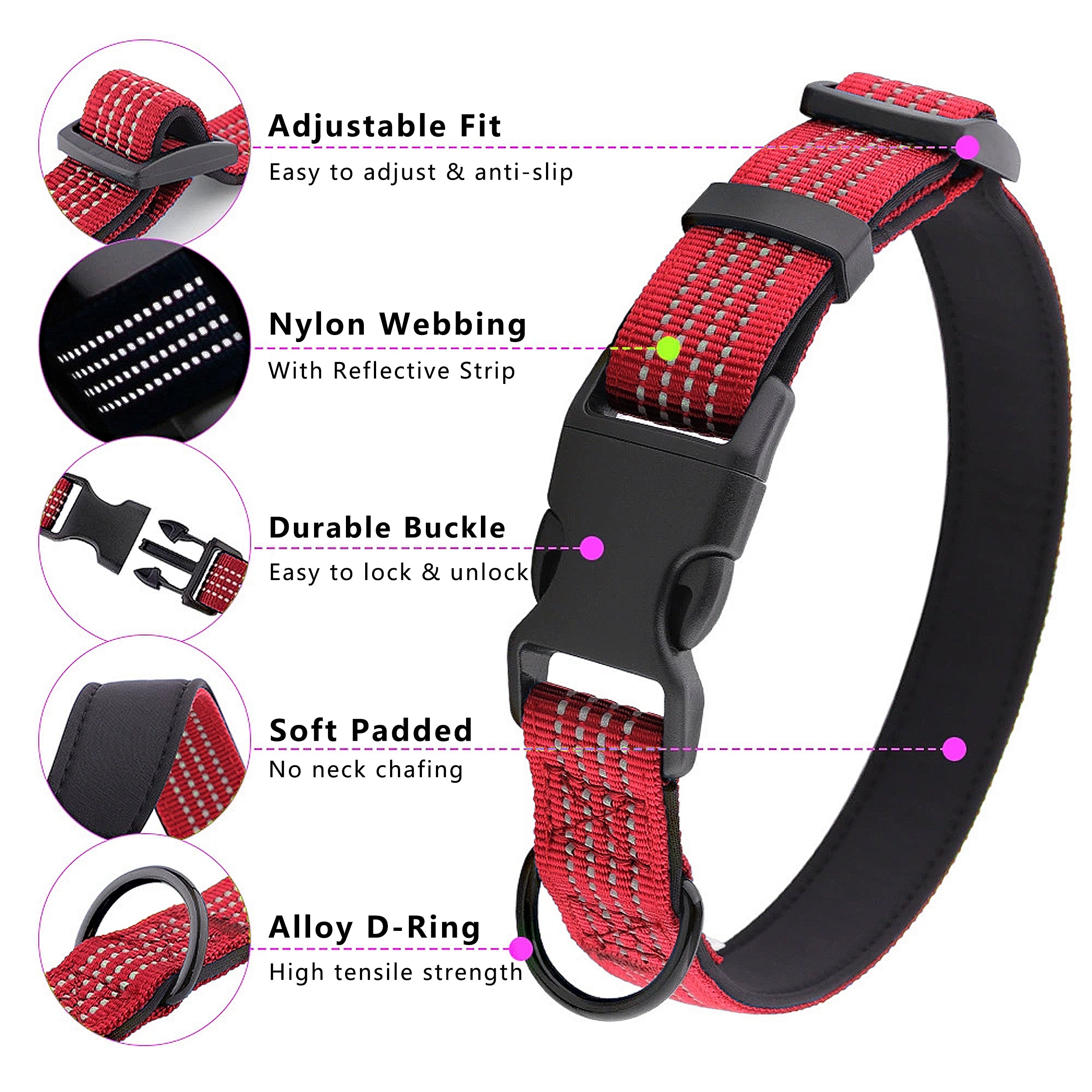 Anna-Kaci Dog Collar Reflective Soft Padded Adjustable Comfort Nylon Collars for All Breeds