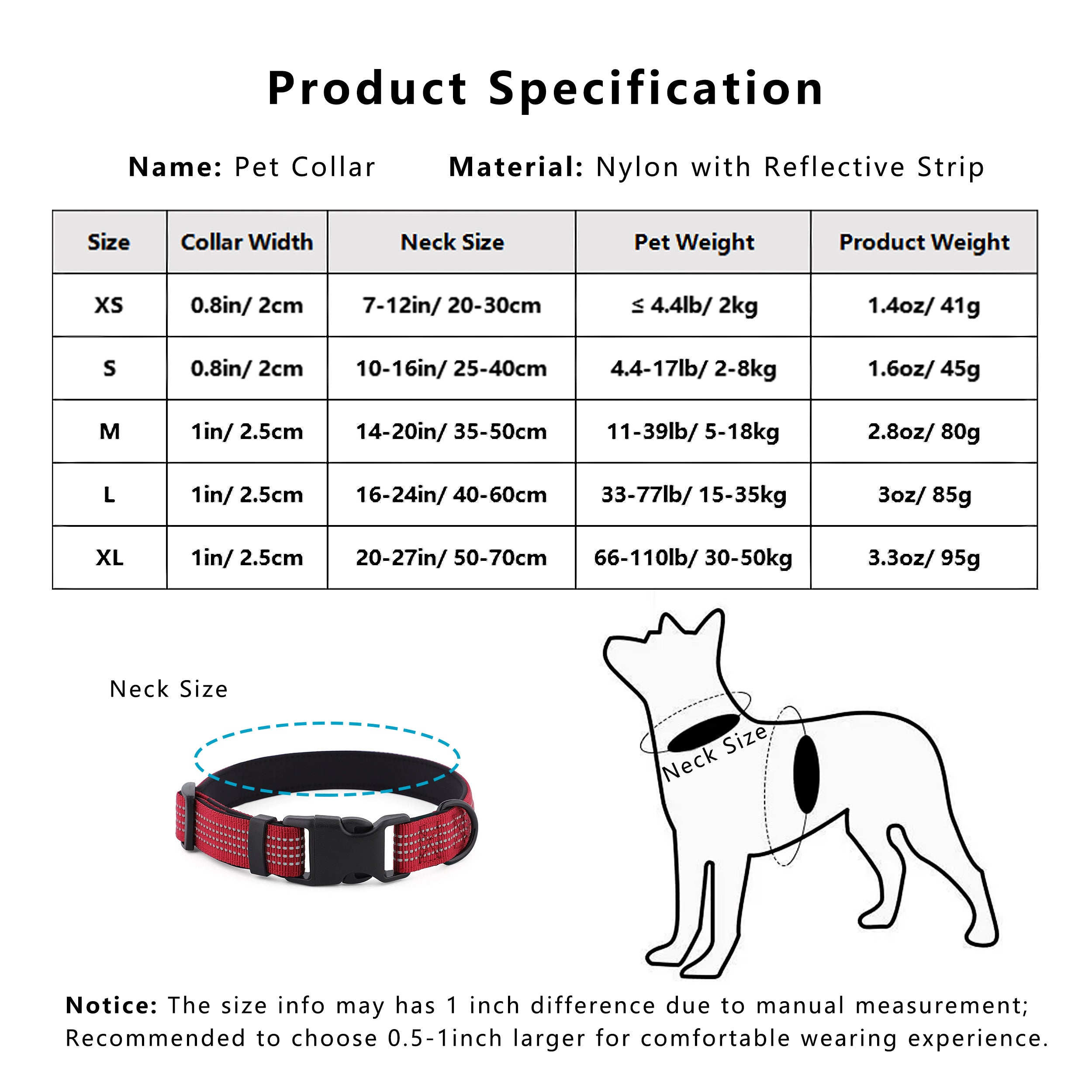 Anna-Kaci Dog Collar Reflective Soft Padded Adjustable Comfort Nylon Collars for All Breeds
