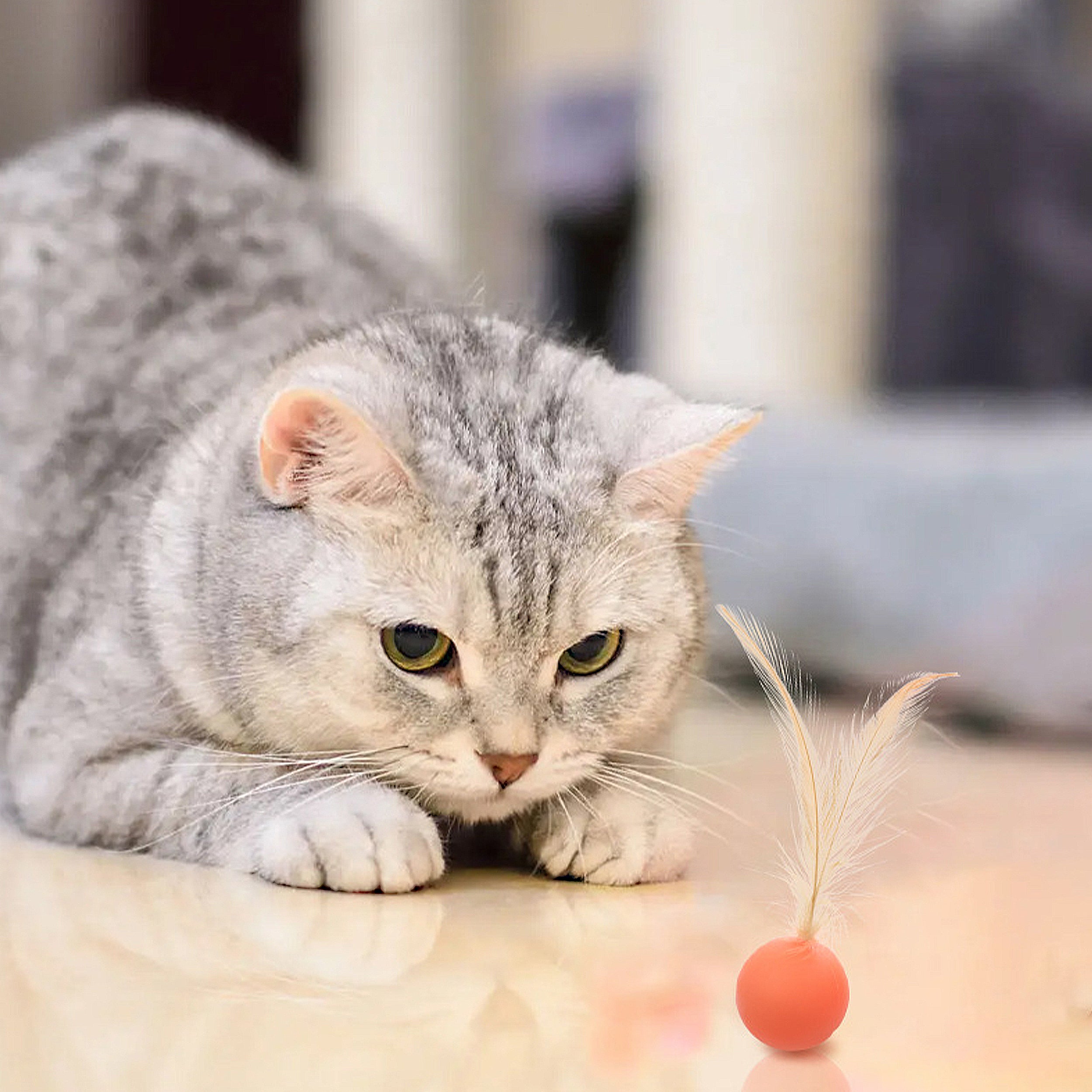 Anna-Kaci Interactive Cat Toys Bouncy Ball with Natural Feathers for Indoor Cats and Kittens 3 PCs Set