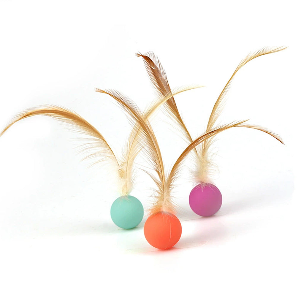 Anna-Kaci Interactive Cat Toys Bouncy Ball with Natural Feathers for Indoor Cats and Kittens 3 PCs Set