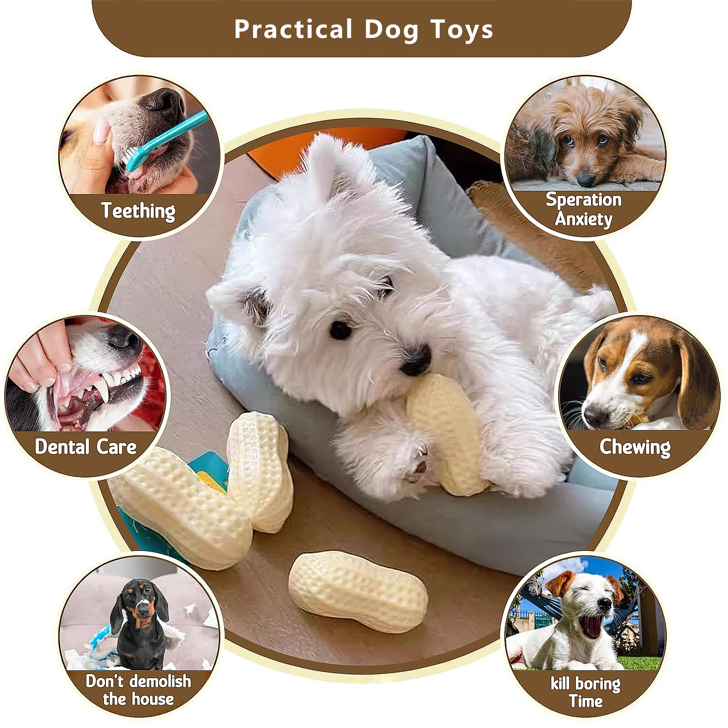 Anna-Kaci Interactive Squeaky Dog Toys for Boredom, Peanut Shaped, Teeth Cleaning Pet Chew Toys