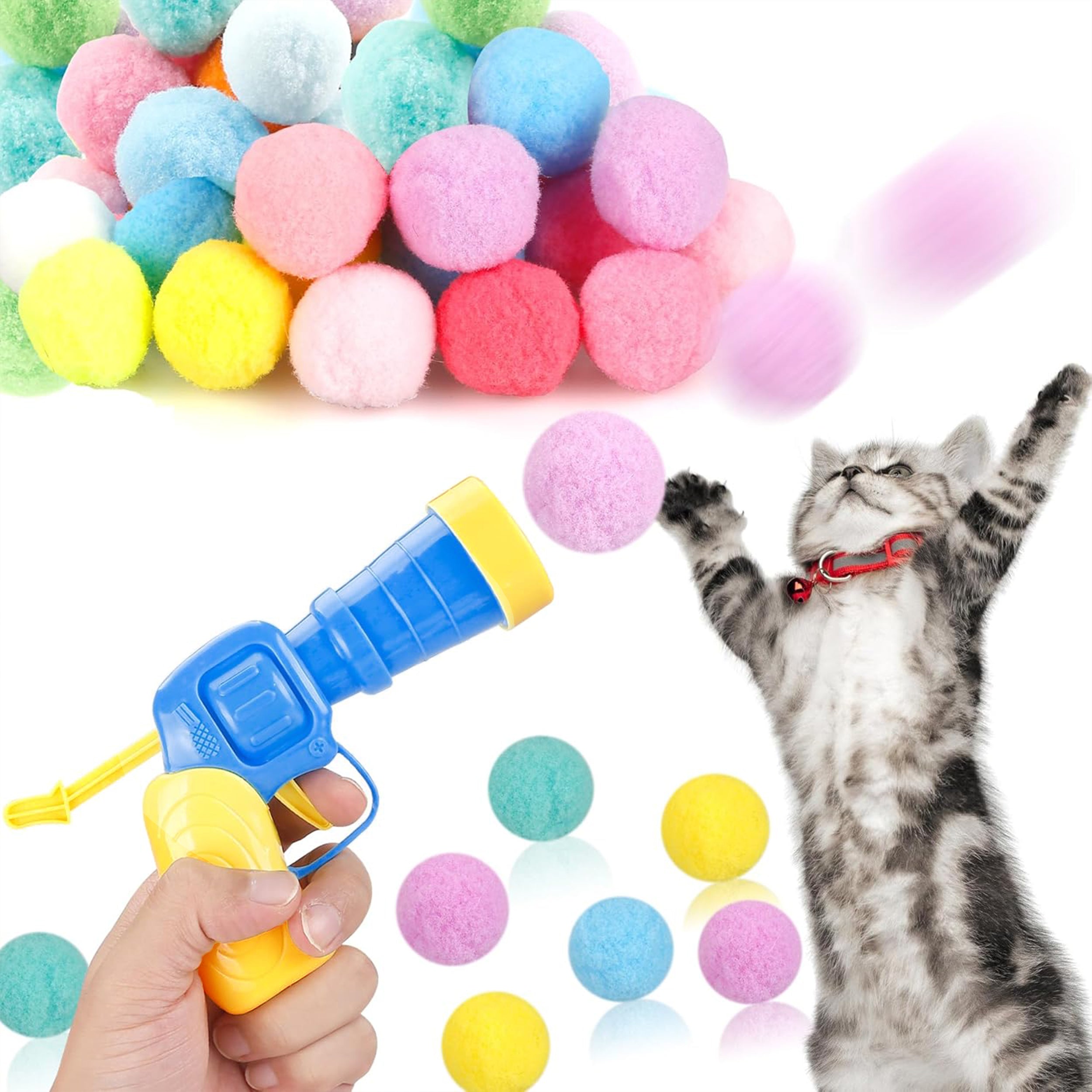 Anna-Kaci Interactive Cat Silent Fuzzy Ball Fetch Toy with 1 Gun Launcher for Bored Indoor Adult Cats and Kitties