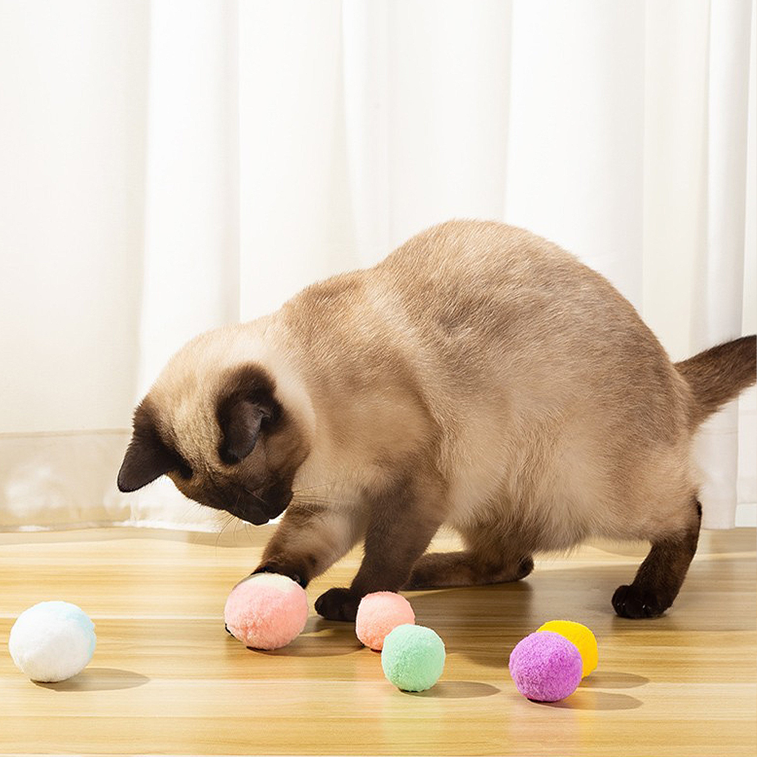 Anna-Kaci 12PCs Interactive Cat Silent Fuzzy Ball Fetch Toy for Bored Indoor Adult Cats and Kitties